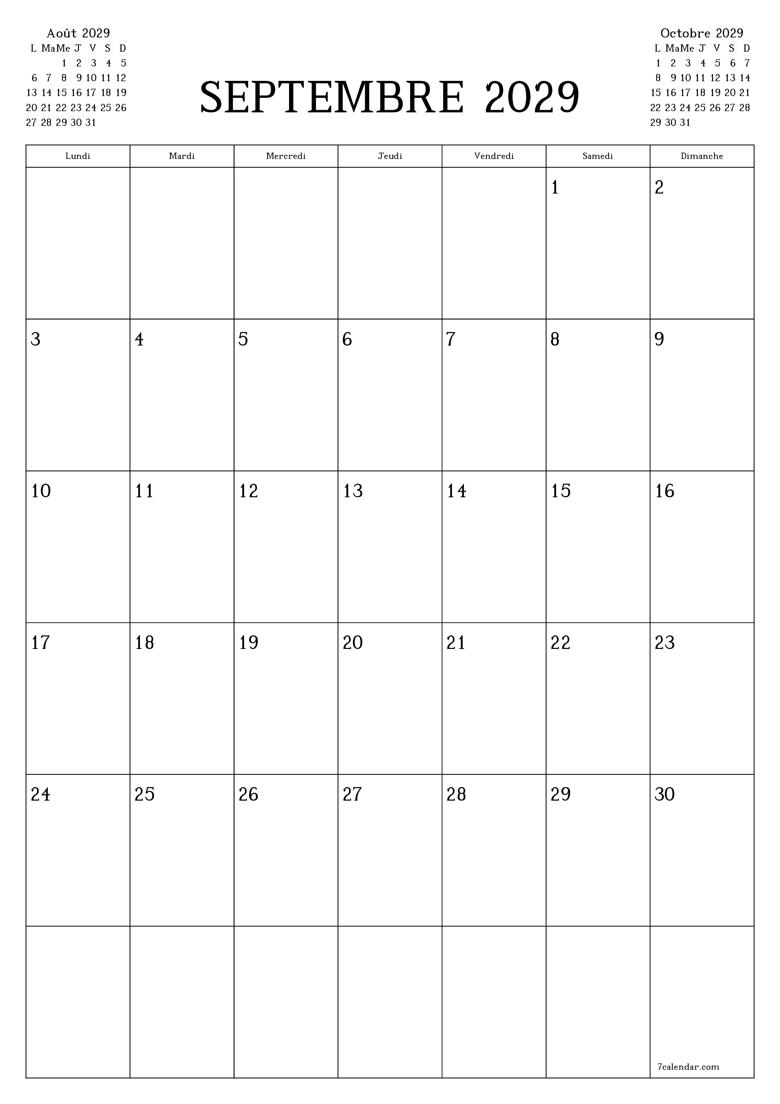  imprimable mural modèle de gratuitverticale Mensuel planificateur calendrier Septembre (Sep) 2029