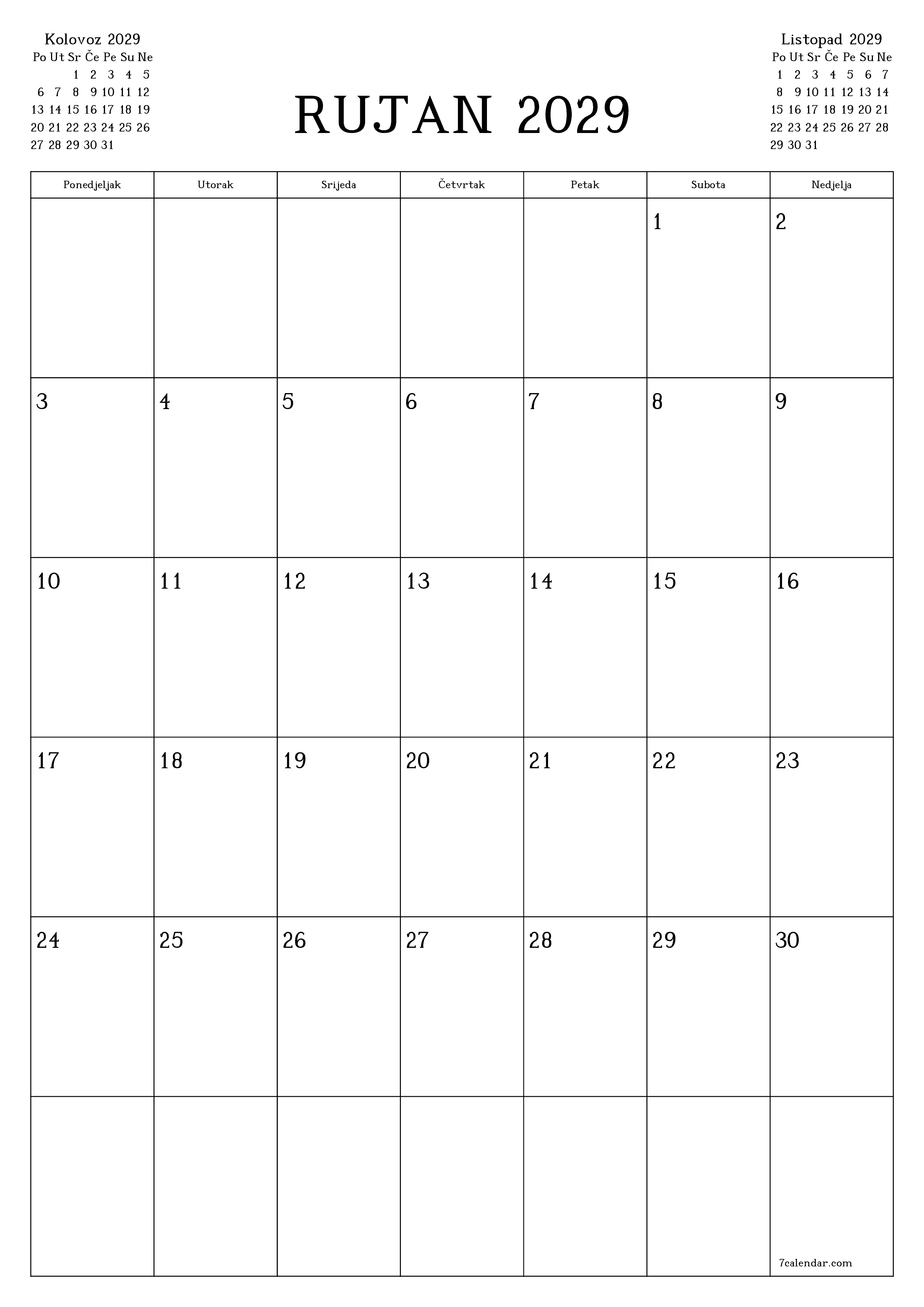  za ispis zidni predložak a besplatni okomito Mjesečni planer kalendar Rujan (Ruj) 2029