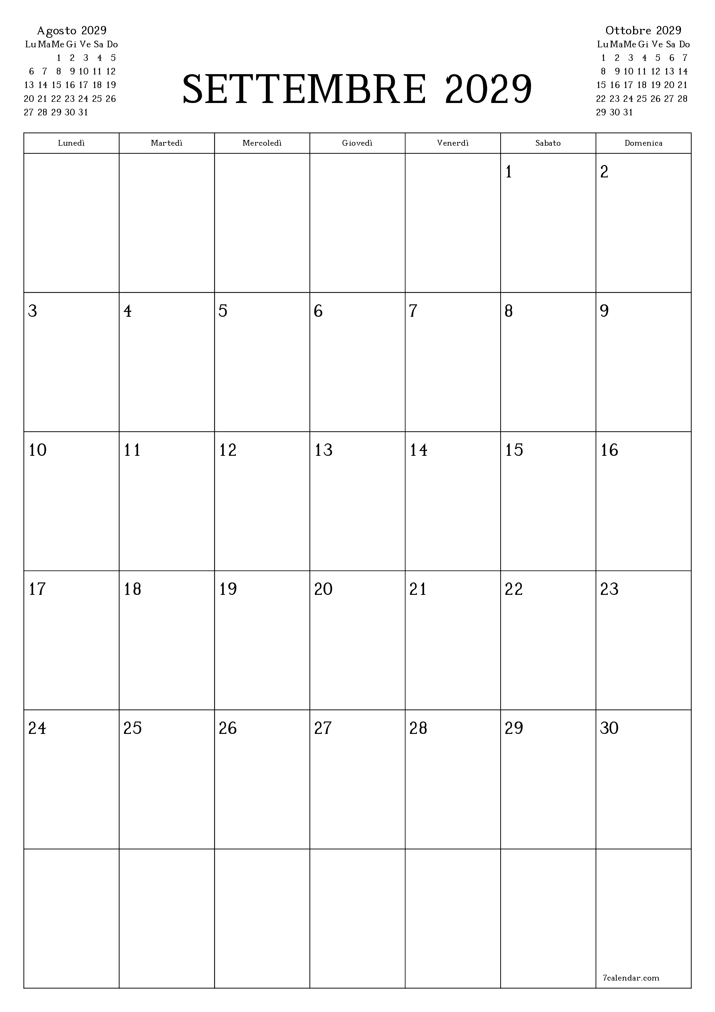  stampabile da parete modello di gratuitoverticale Mensile pianificatore calendario Settembre (Set) 2029