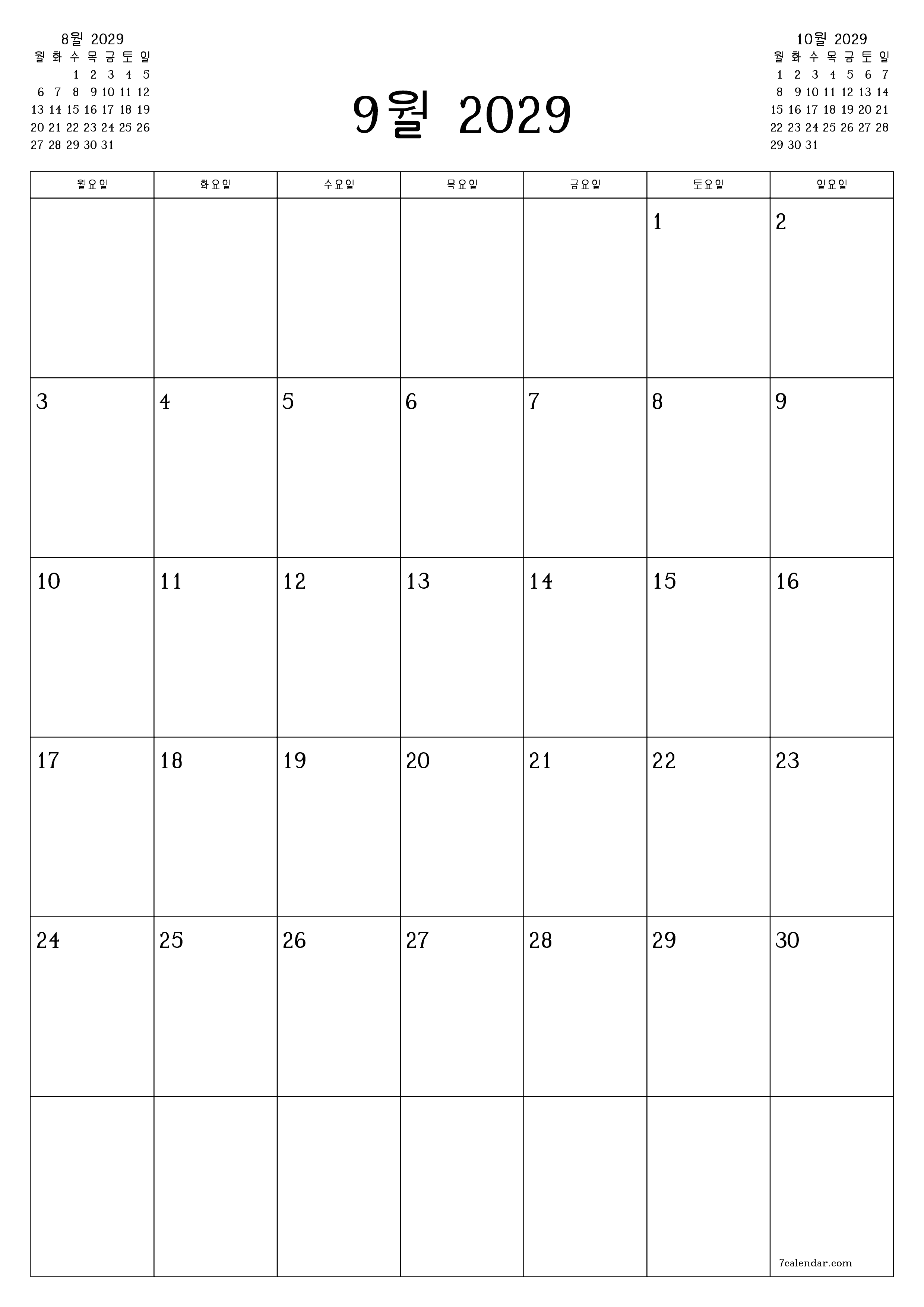 인쇄 가능한 벽 템플릿 무료 캘린더세로 월간 입안자 달력 9월 (9월) 2029