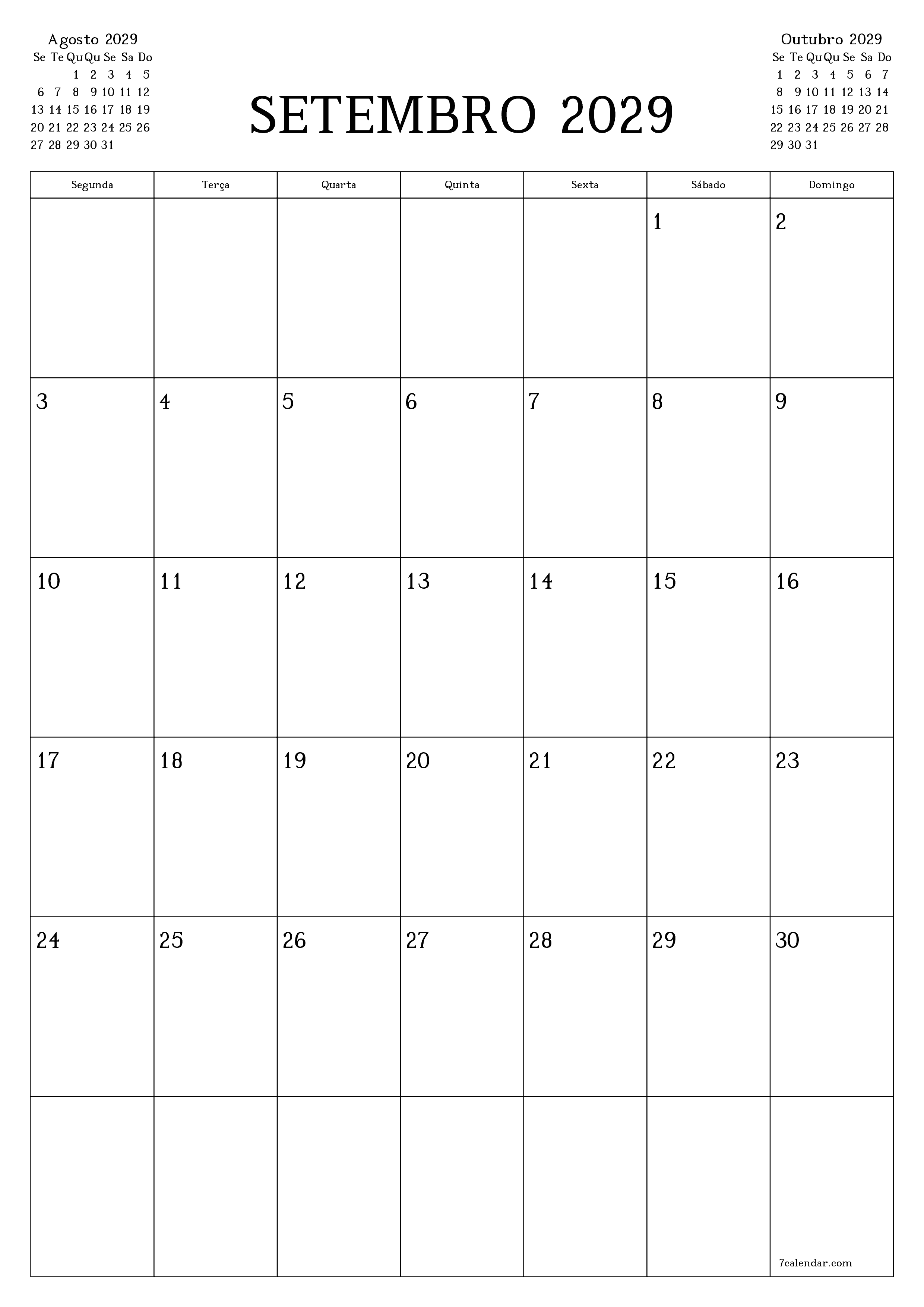  para impressão de parede modelo de grátisvertical Mensal planejador calendário Setembro (Set) 2029