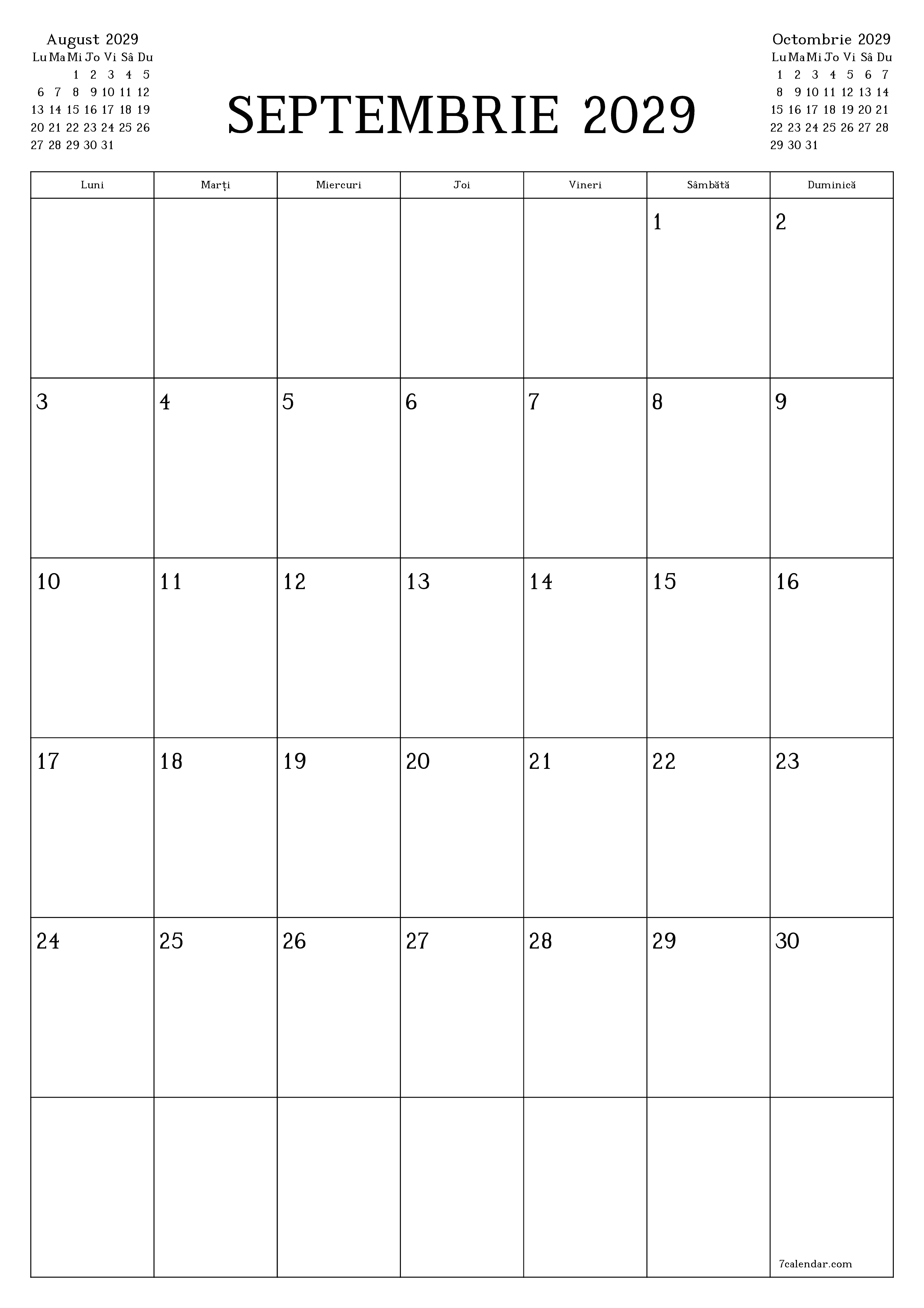  imprimabil de perete șablon de gratuitvertical Lunar planificator calendar Septembrie (Sep) 2029