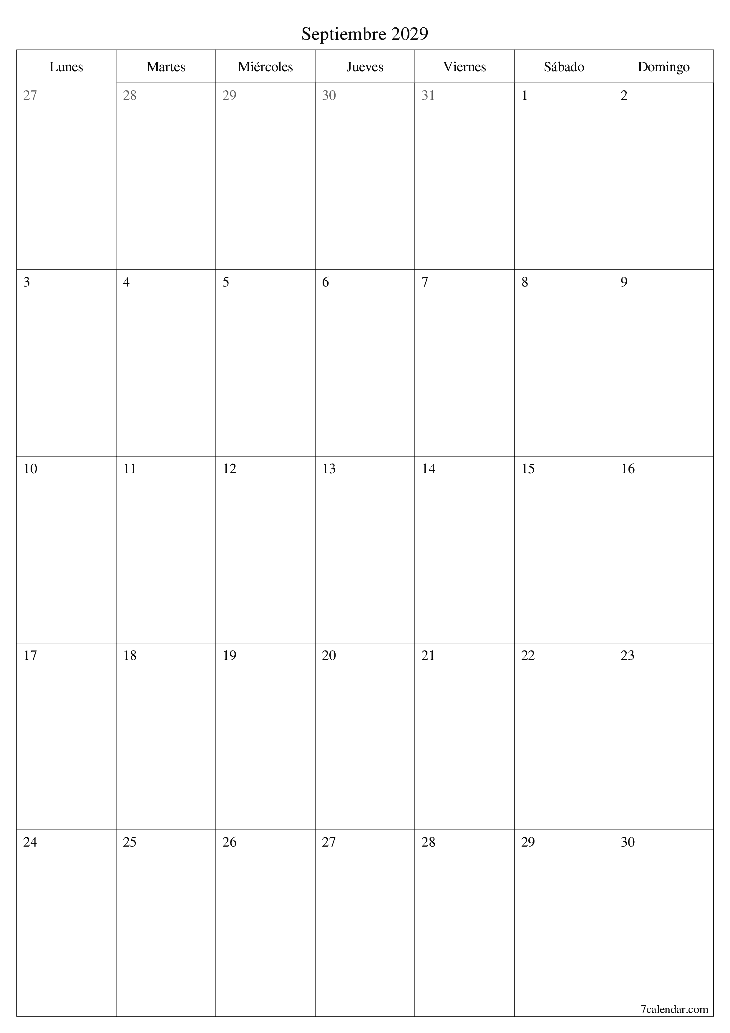  imprimible de pared plantilla de gratisvertical Mensual planificador calendario Septiembre (Sep) 2029