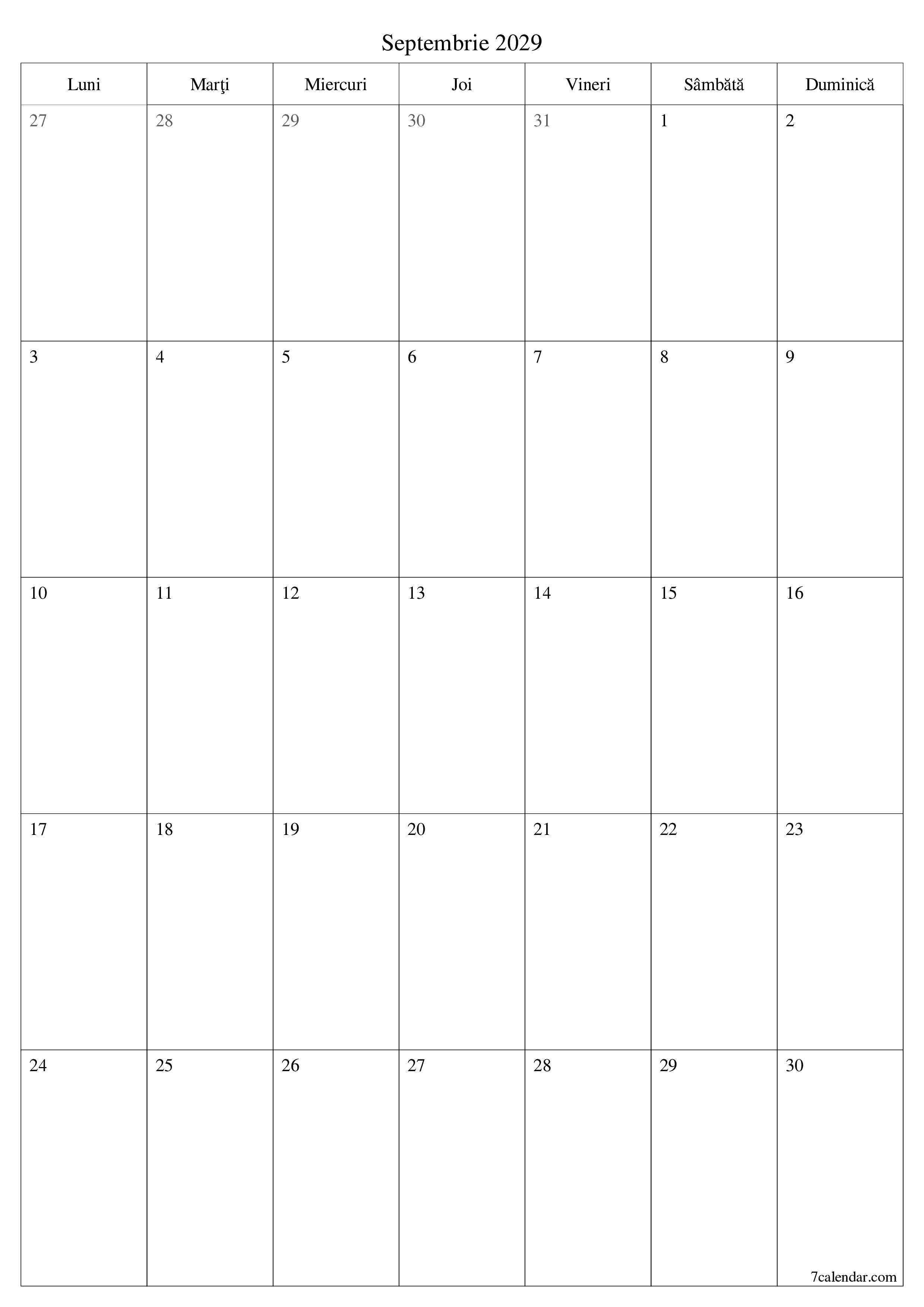  imprimabil de perete șablon de gratuitvertical Lunar planificator calendar Septembrie (Sep) 2029