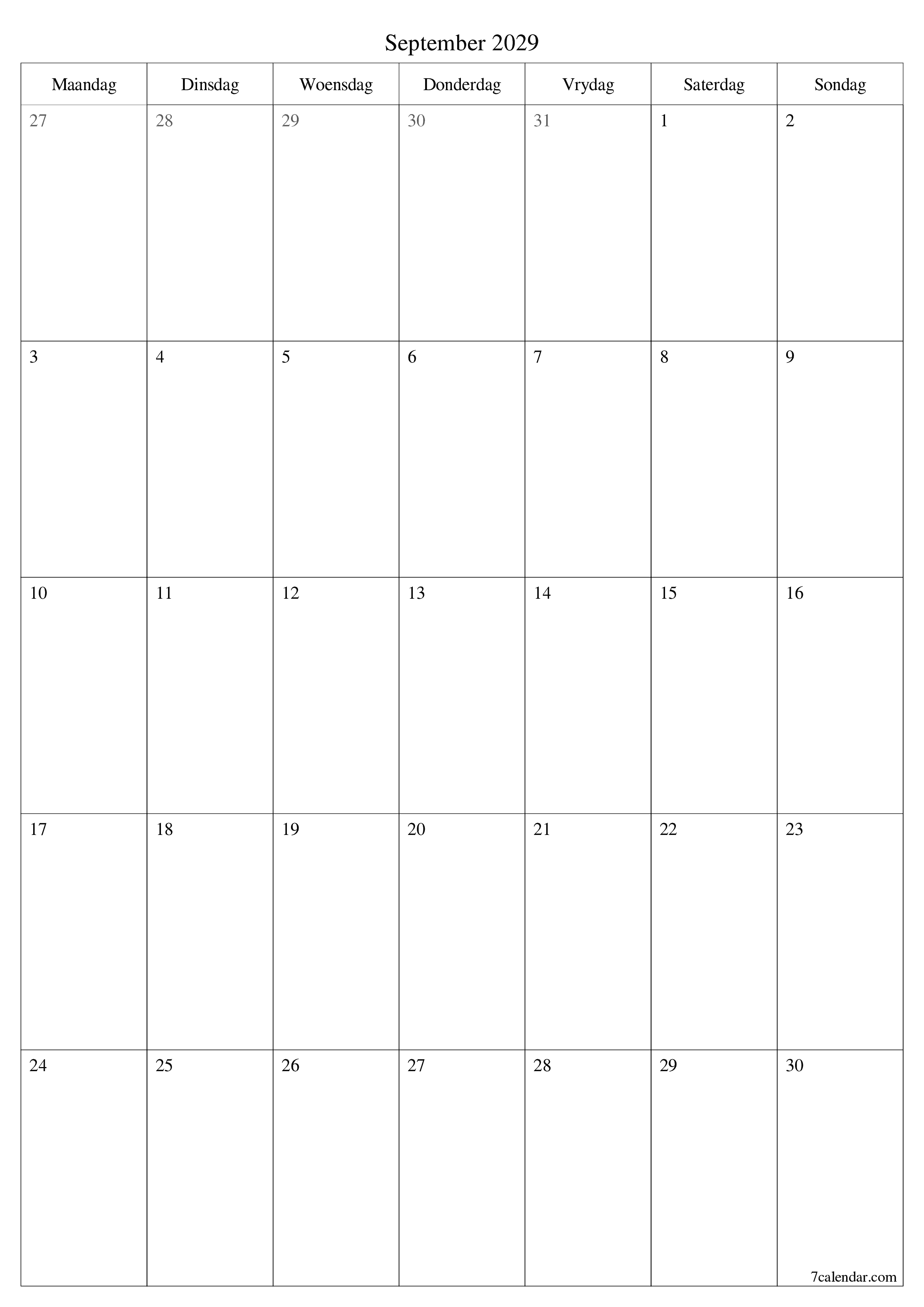 drukbare muur template gratis vertikaal Maandeliks beplanner kalender September (Sep) 2029