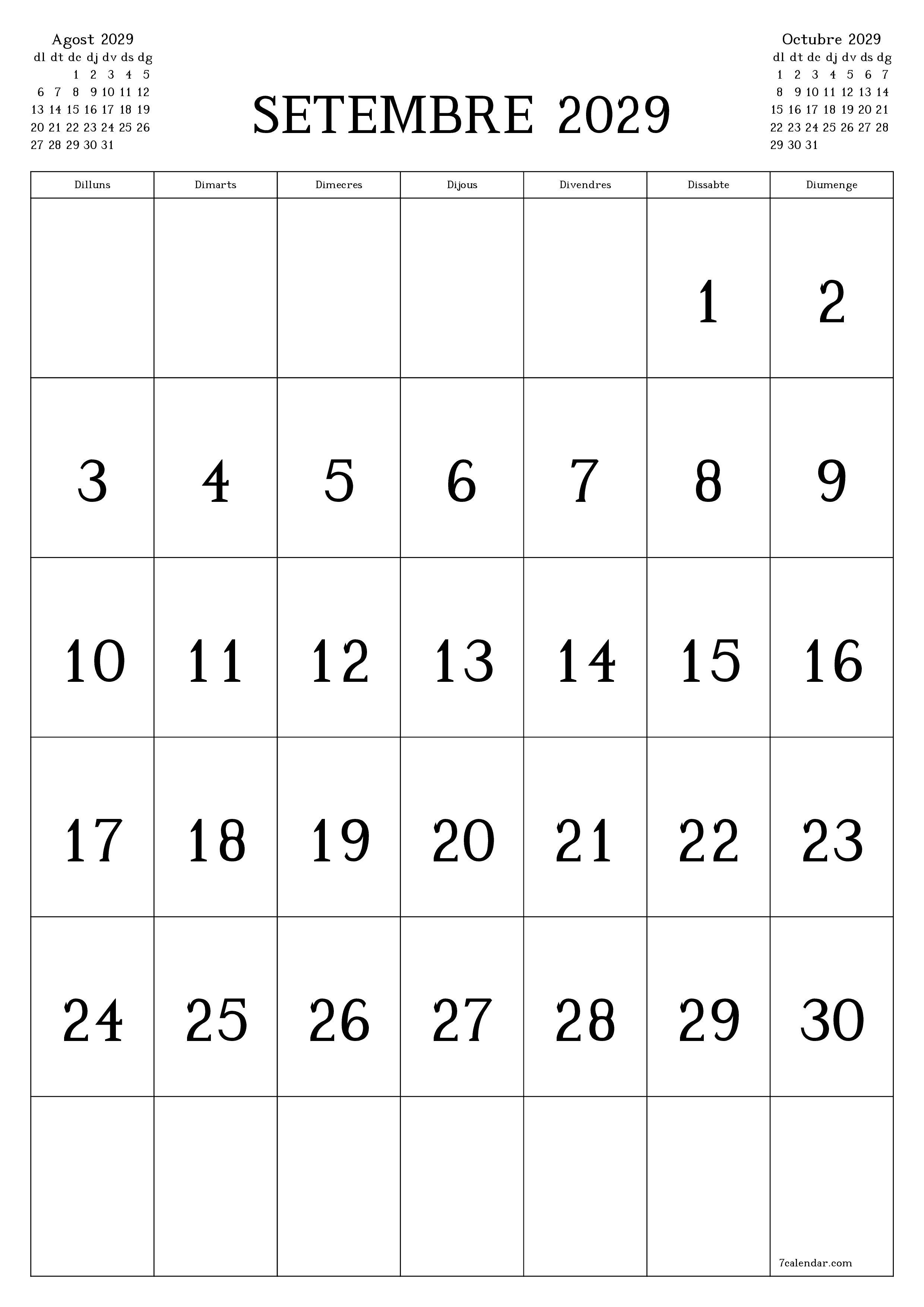  imprimible de paret plantilla de gratuïtvertical Mensual calendari Setembre (Set) 2029