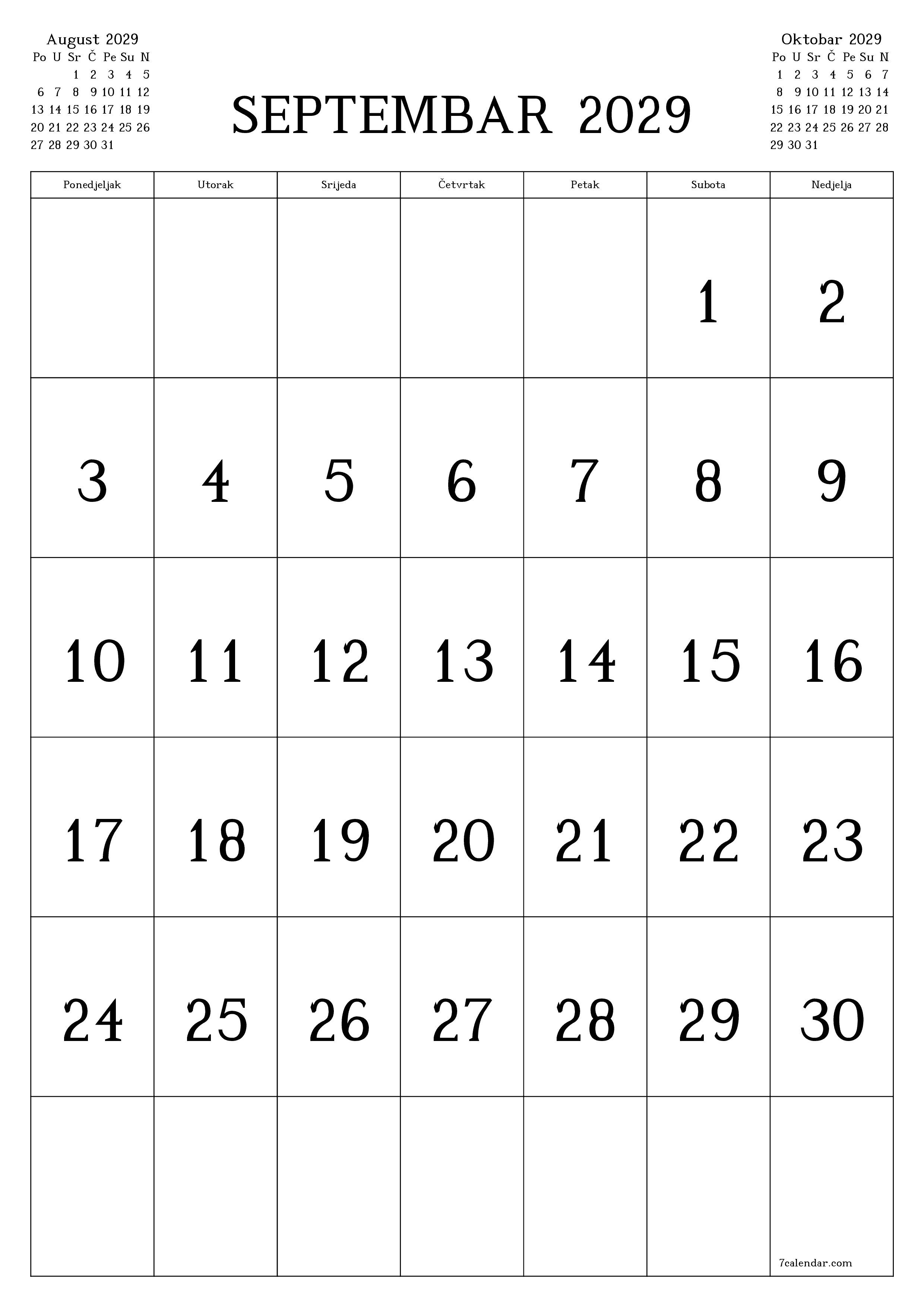  za štampanje zidni šablon a besplatni vertikalno Mjesečno kalendar Septembar (Sep) 2029