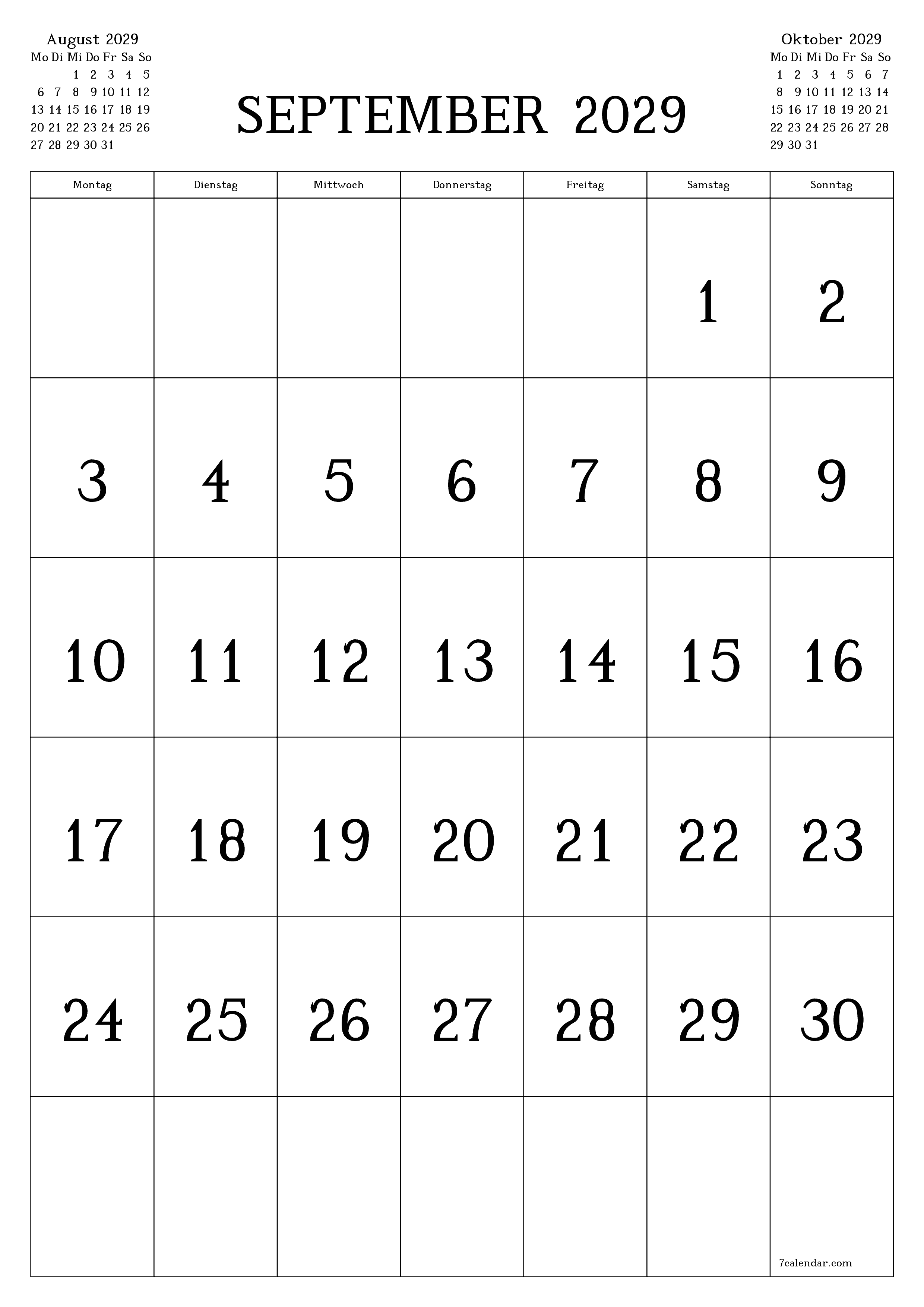  zum Ausdrucken Wandkalender vorlage kostenloser vertikal Monatlich Kalender September (Sep) 2029