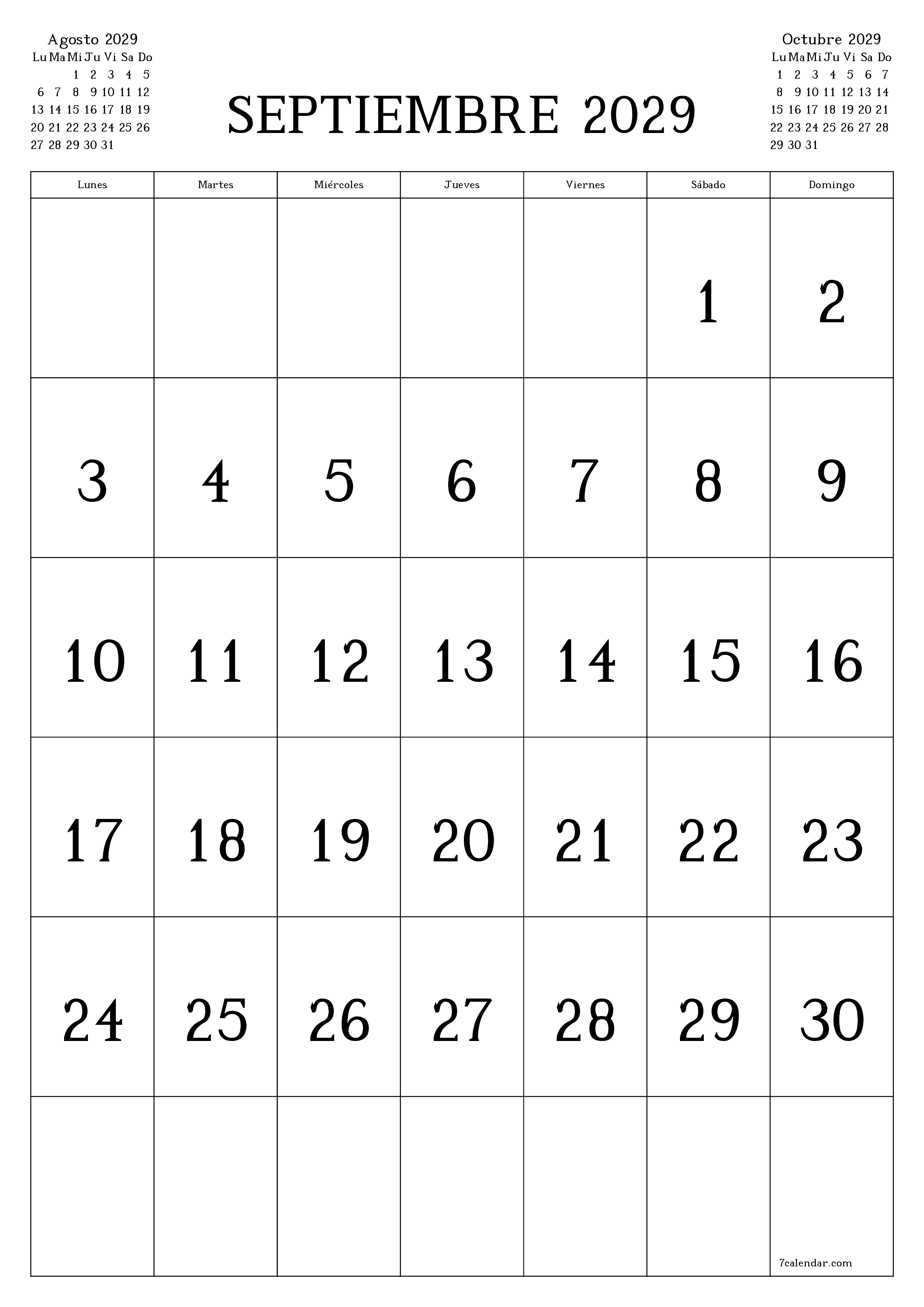 imprimible de pared plantilla de gratisvertical Mensual calendario Septiembre (Sep) 2029