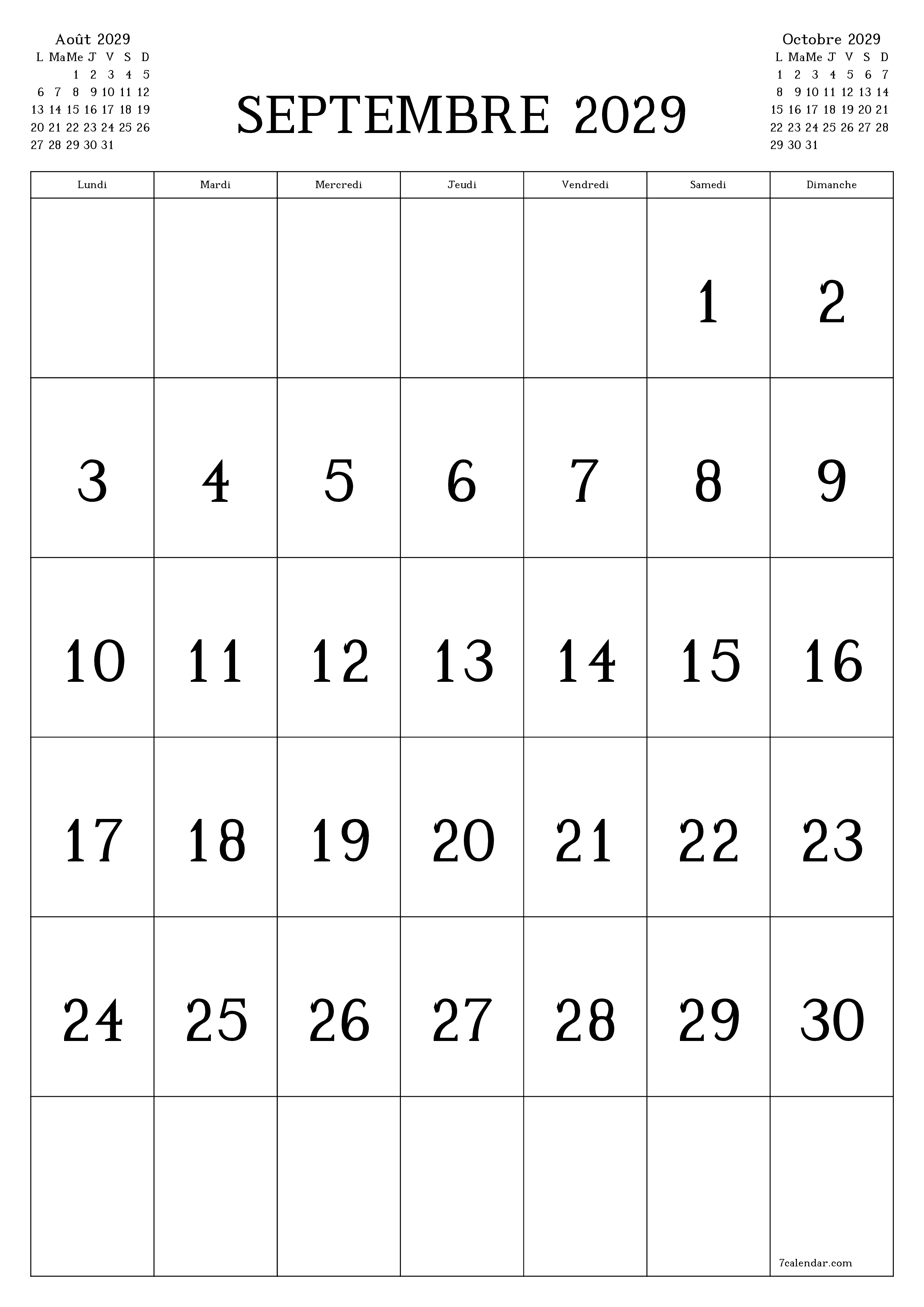  imprimable mural modèle de gratuitverticale Mensuel calendrier Septembre (Sep) 2029