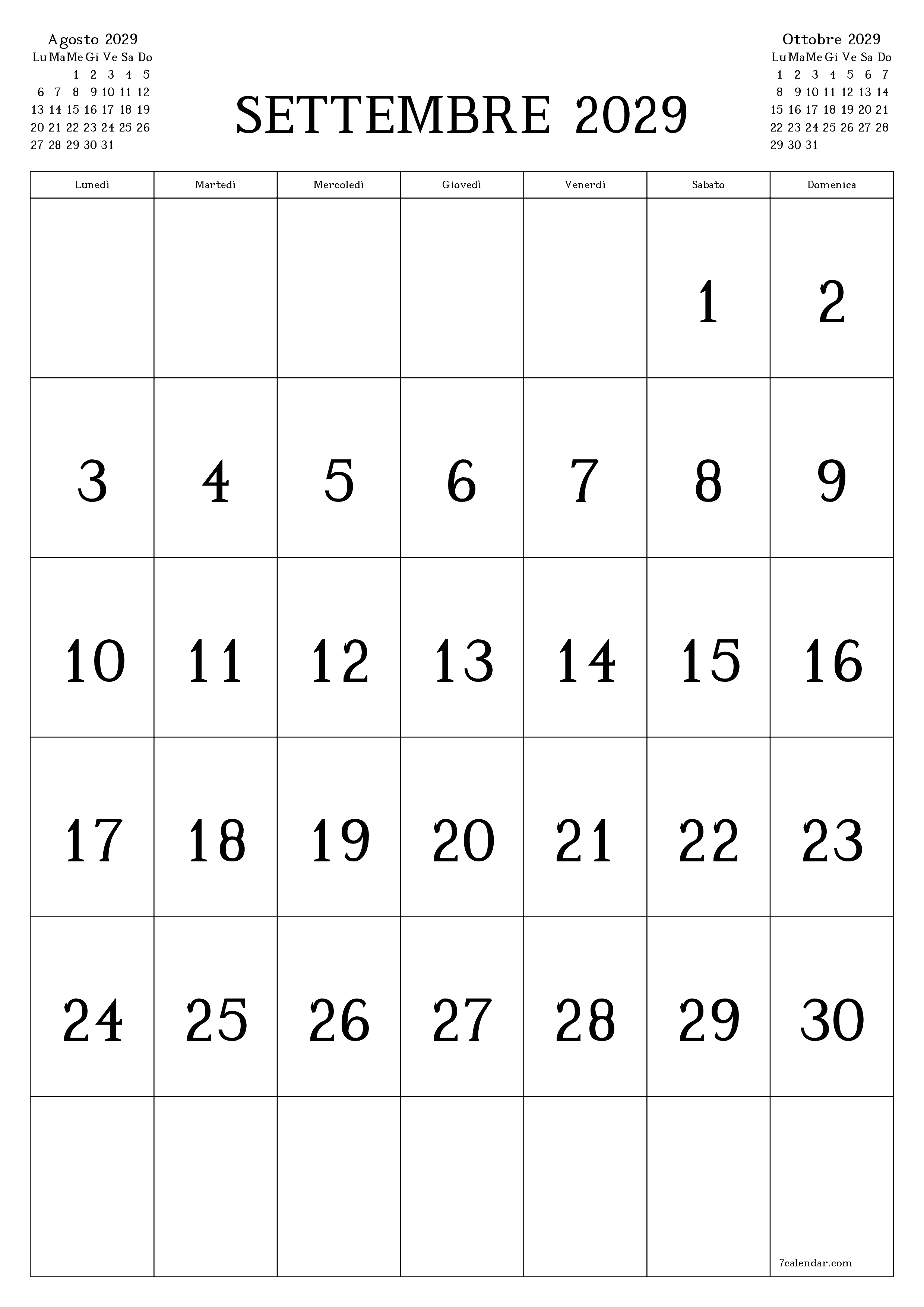  stampabile da parete modello di gratuitoverticale Mensile calendario Settembre (Set) 2029