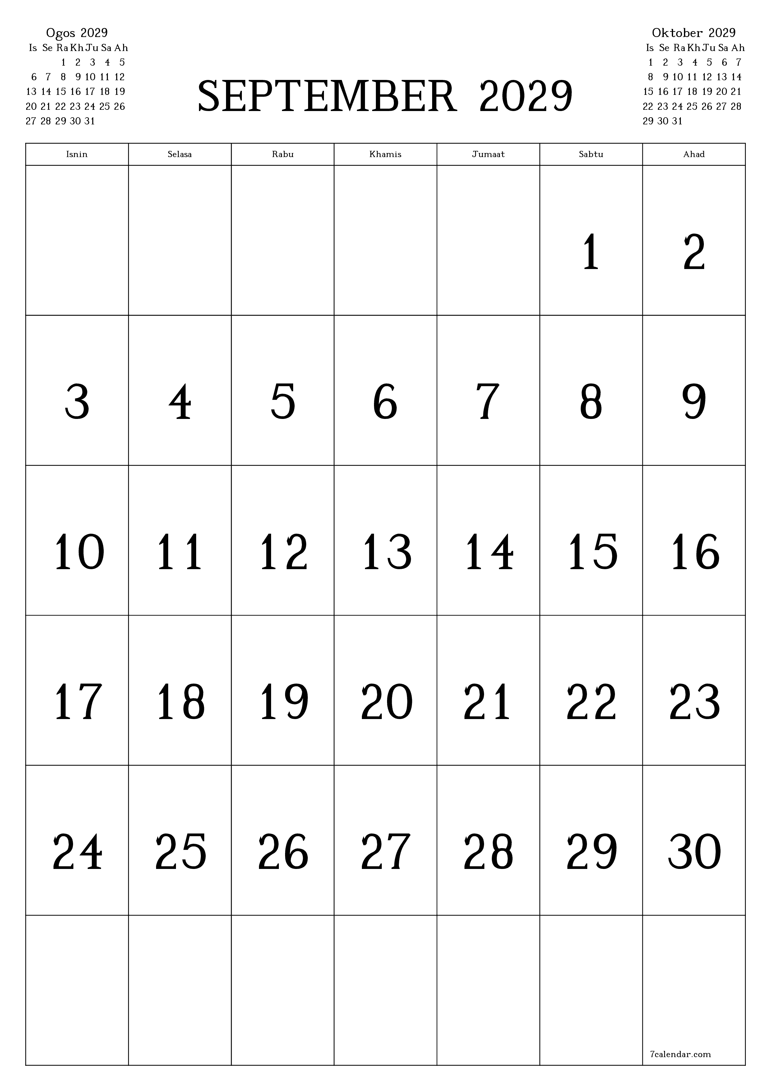  boleh cetak dinding templat percumamenegak Bulanan kalendar September (Sep) 2029