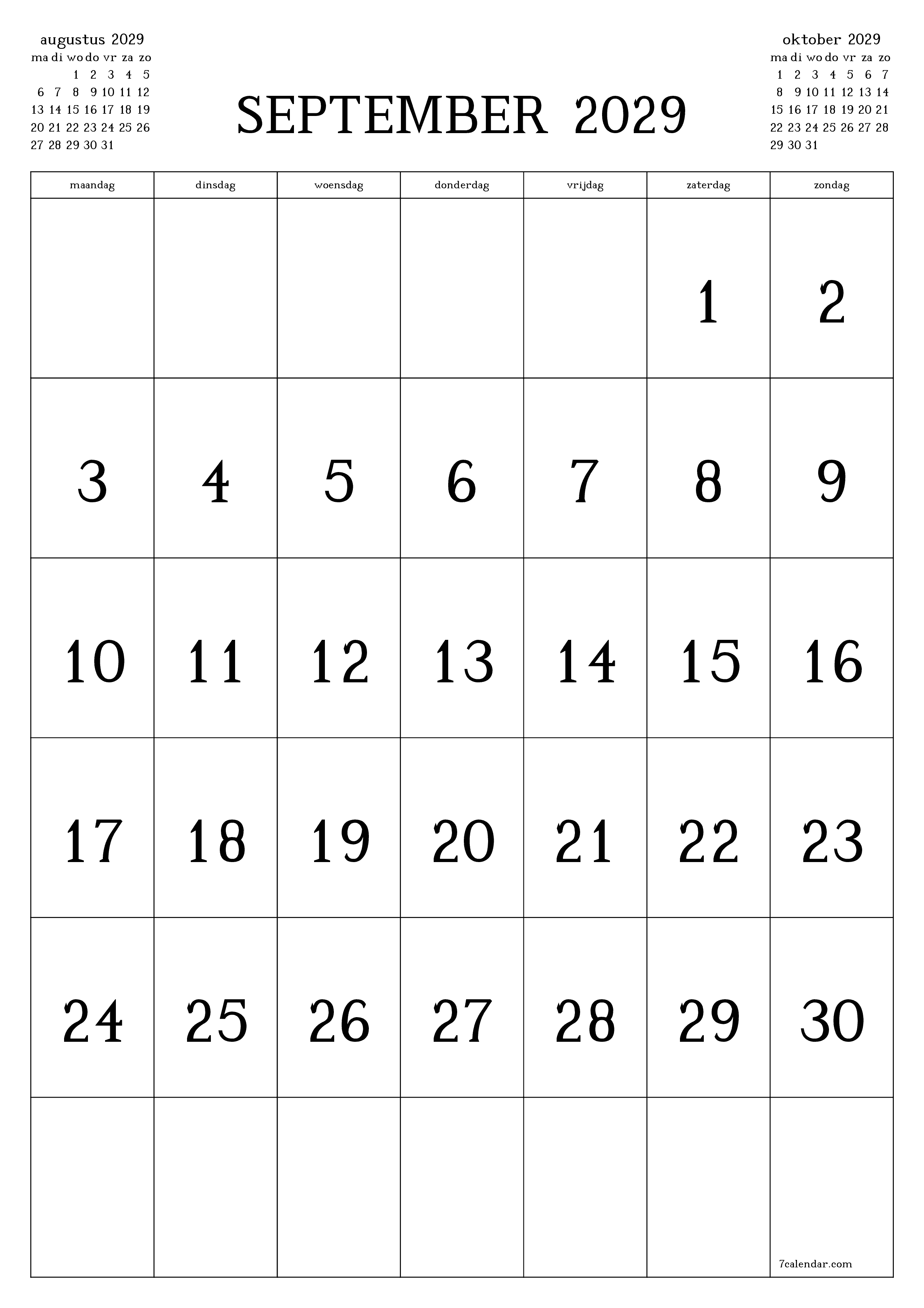 afdrukbare muur sjabloon gratis verticaal Maandelijks kalender september (sep) 2029