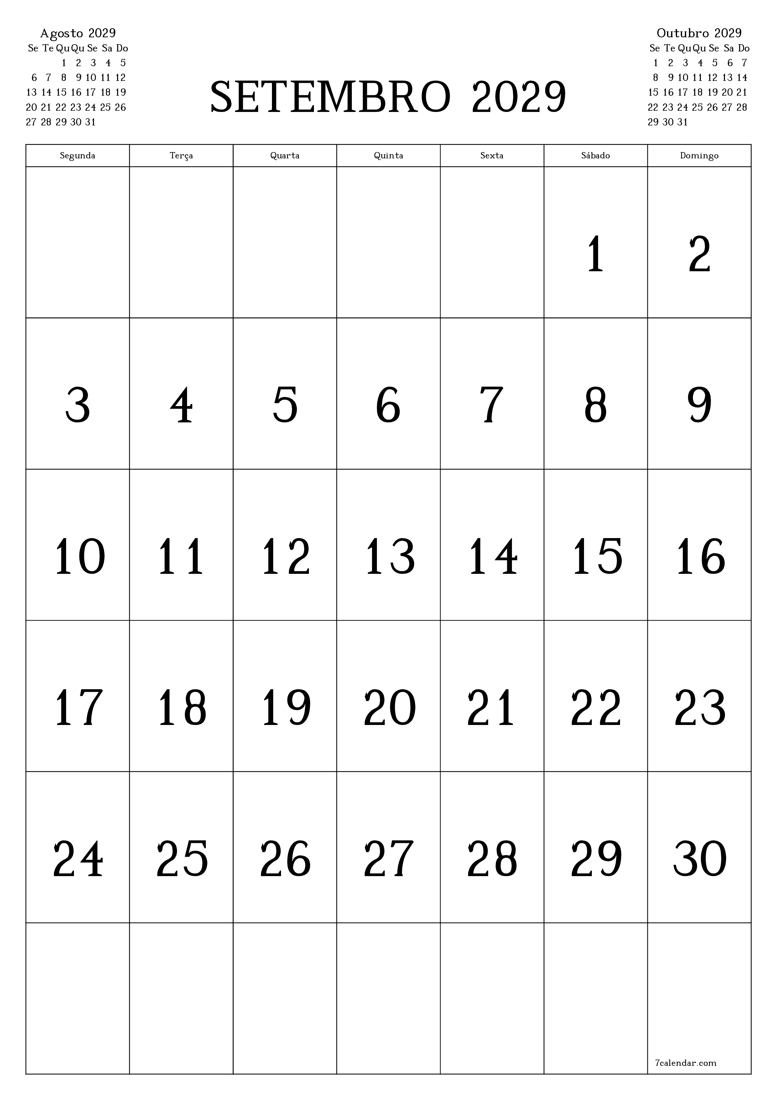  para impressão de parede modelo de grátisvertical Mensal calendário Setembro (Set) 2029