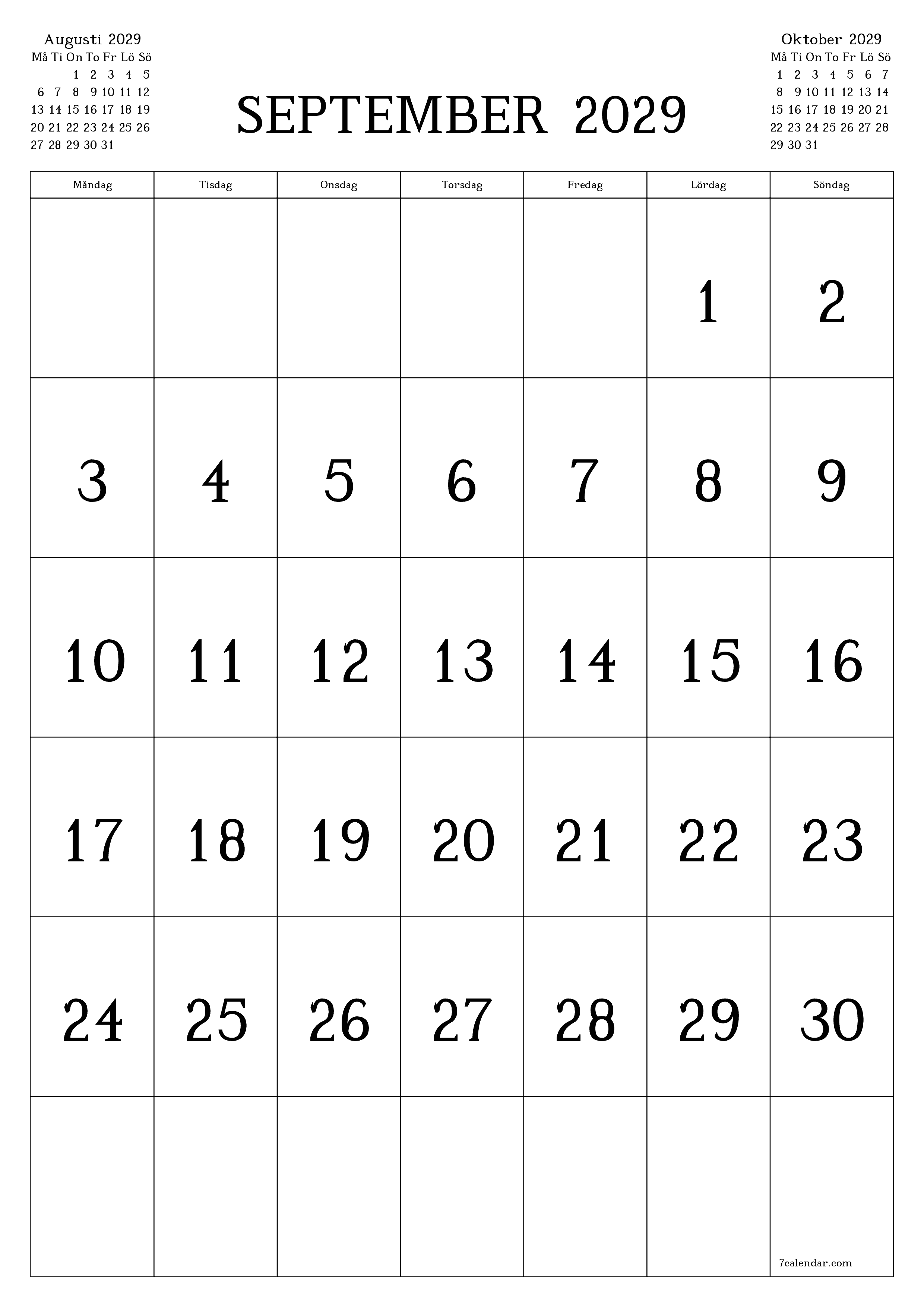 utskrivbar vägg mall gratis vertikal Månatlig kalender September (Sep) 2029