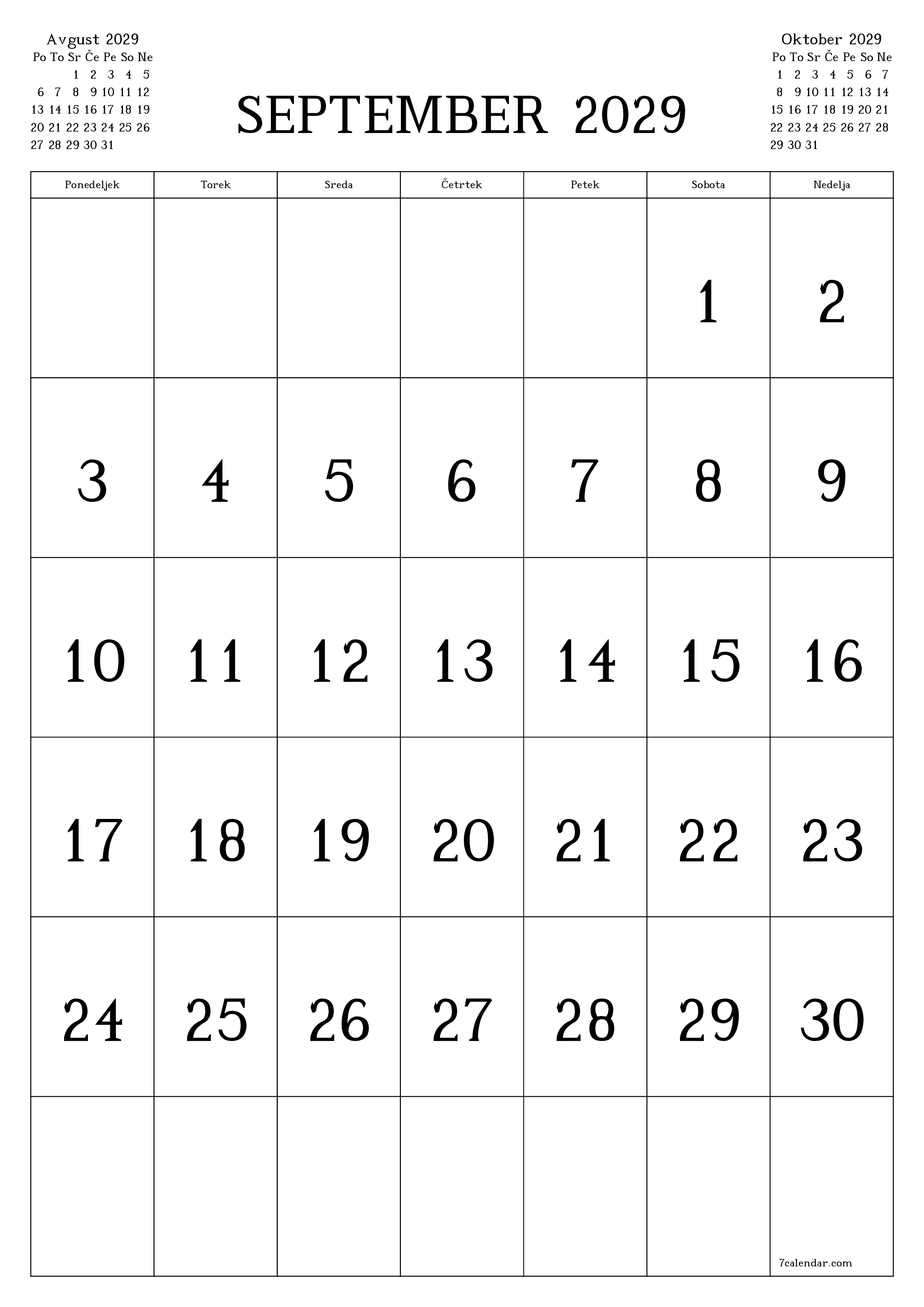 natisljiv stenski ska predloga brezplačni vertical Mesečno koledar September (Sep) 2029