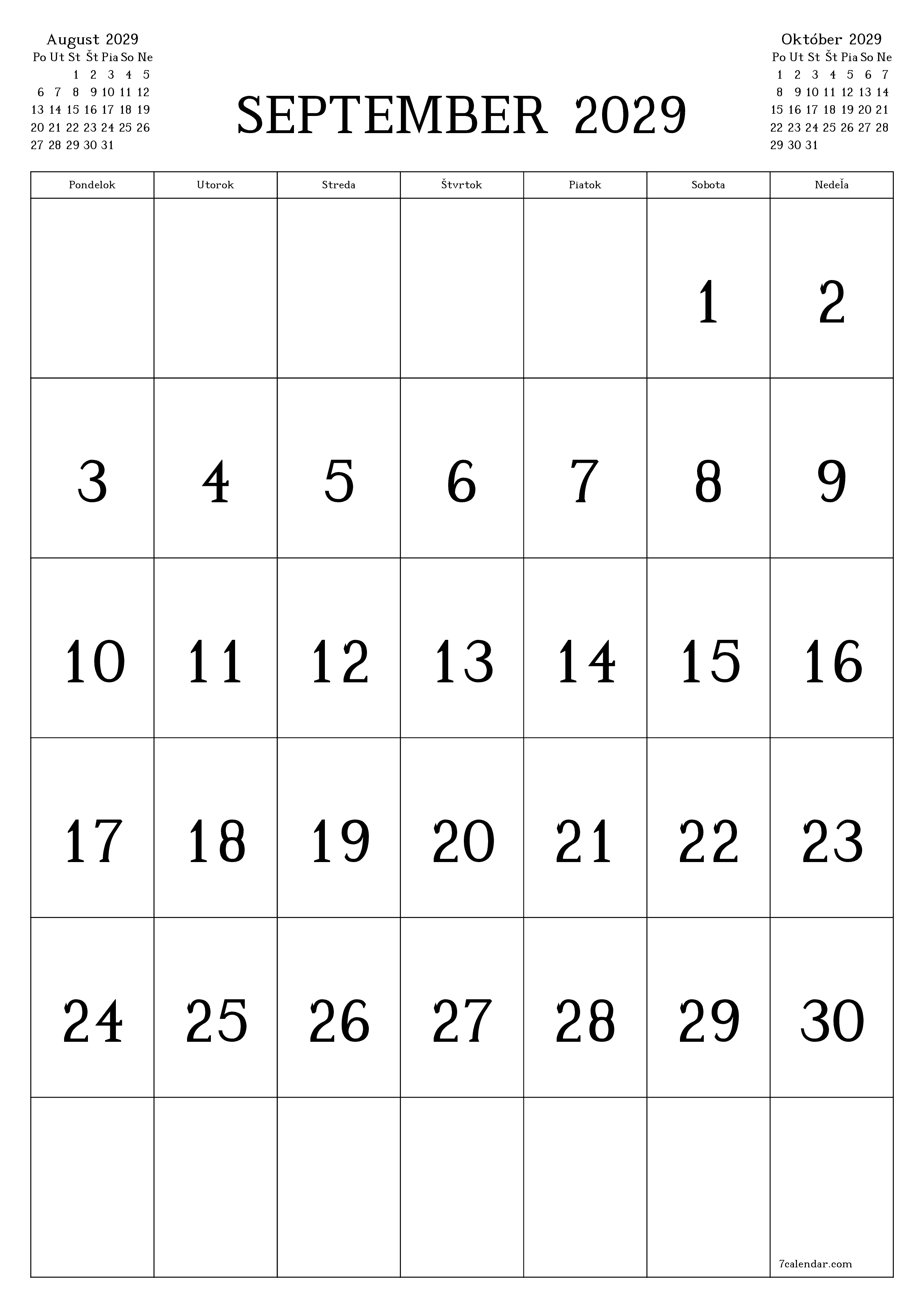 vytlačiteľný nástenný šablóna a bezplatný вертикальный Mesačne kalendár September (Sep) 2029