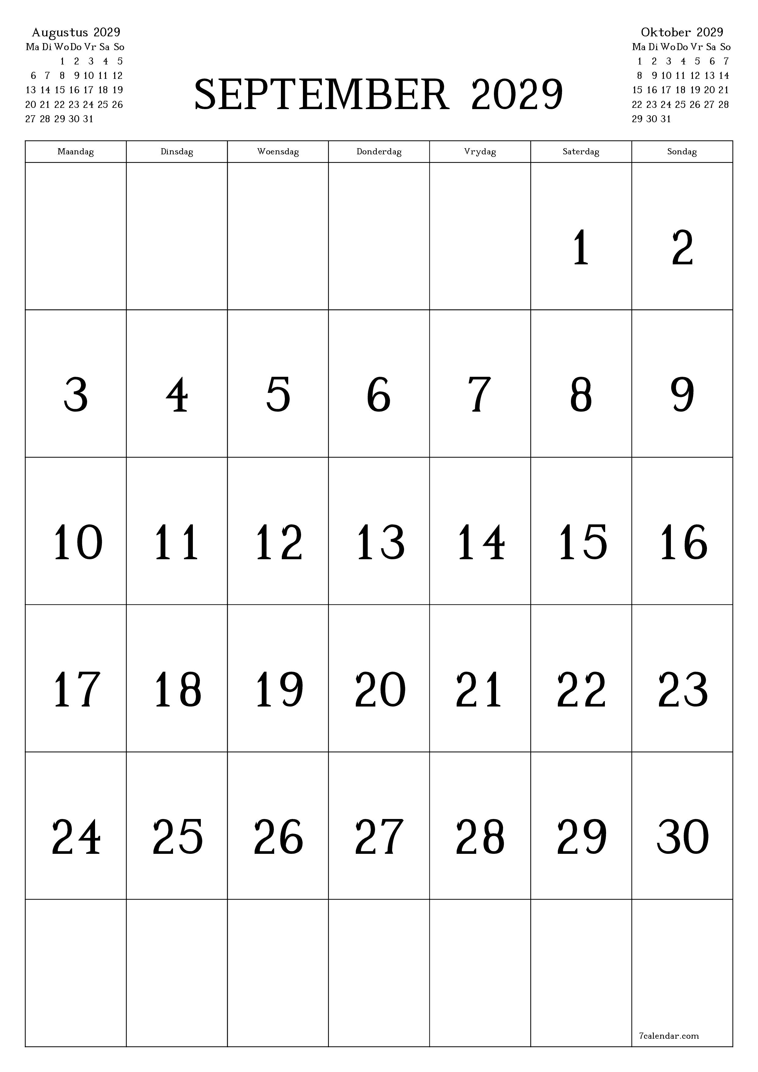 drukbare muur template gratis vertikaal Maandeliks kalender September (Sep) 2029