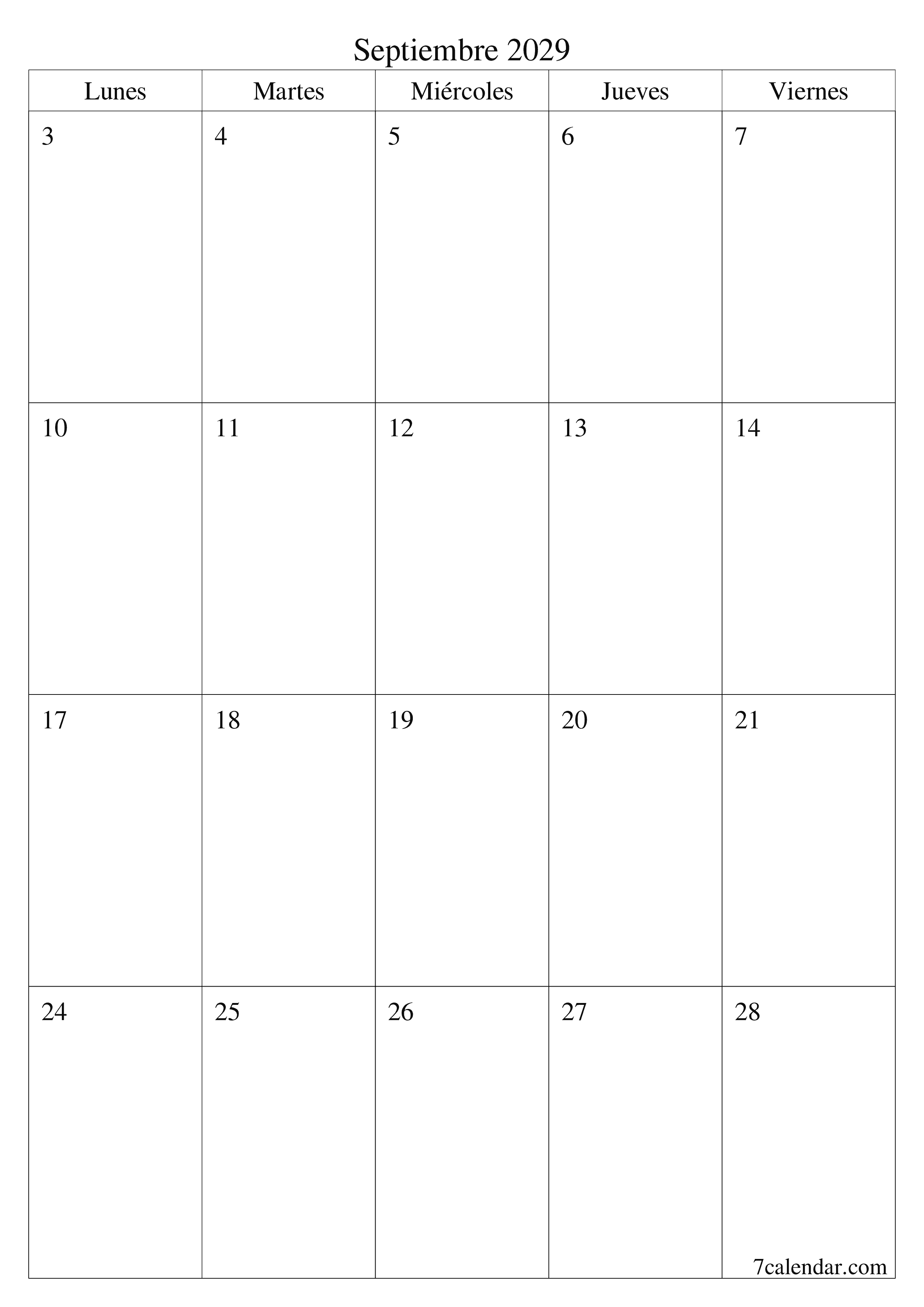  imprimible de pared plantilla de gratisvertical Mensual planificador calendario Septiembre (Sep) 2029