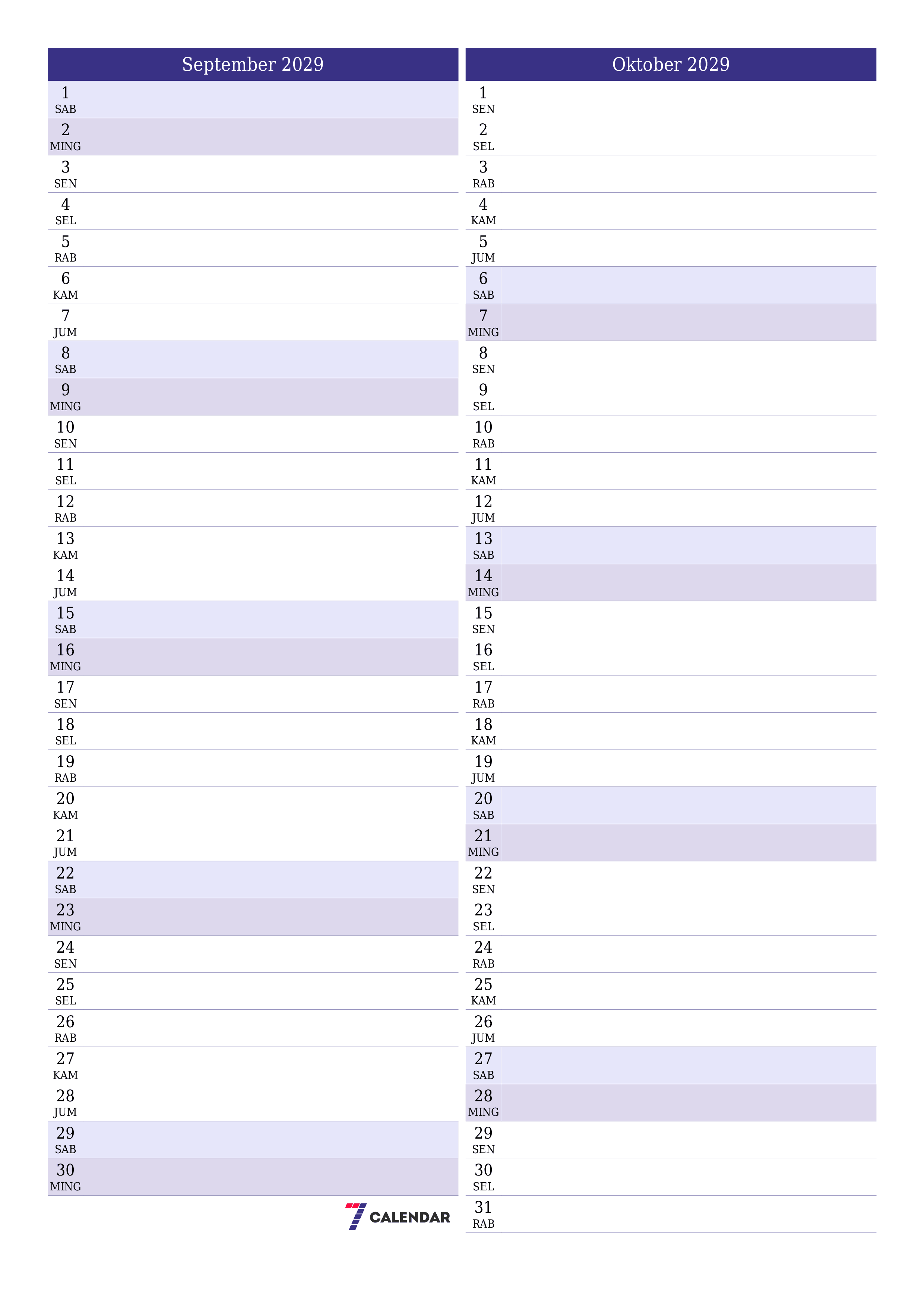  yang dapat dicetak dinding templat gratisvertikal Bulanan perencana kalender September (Sep) 2029