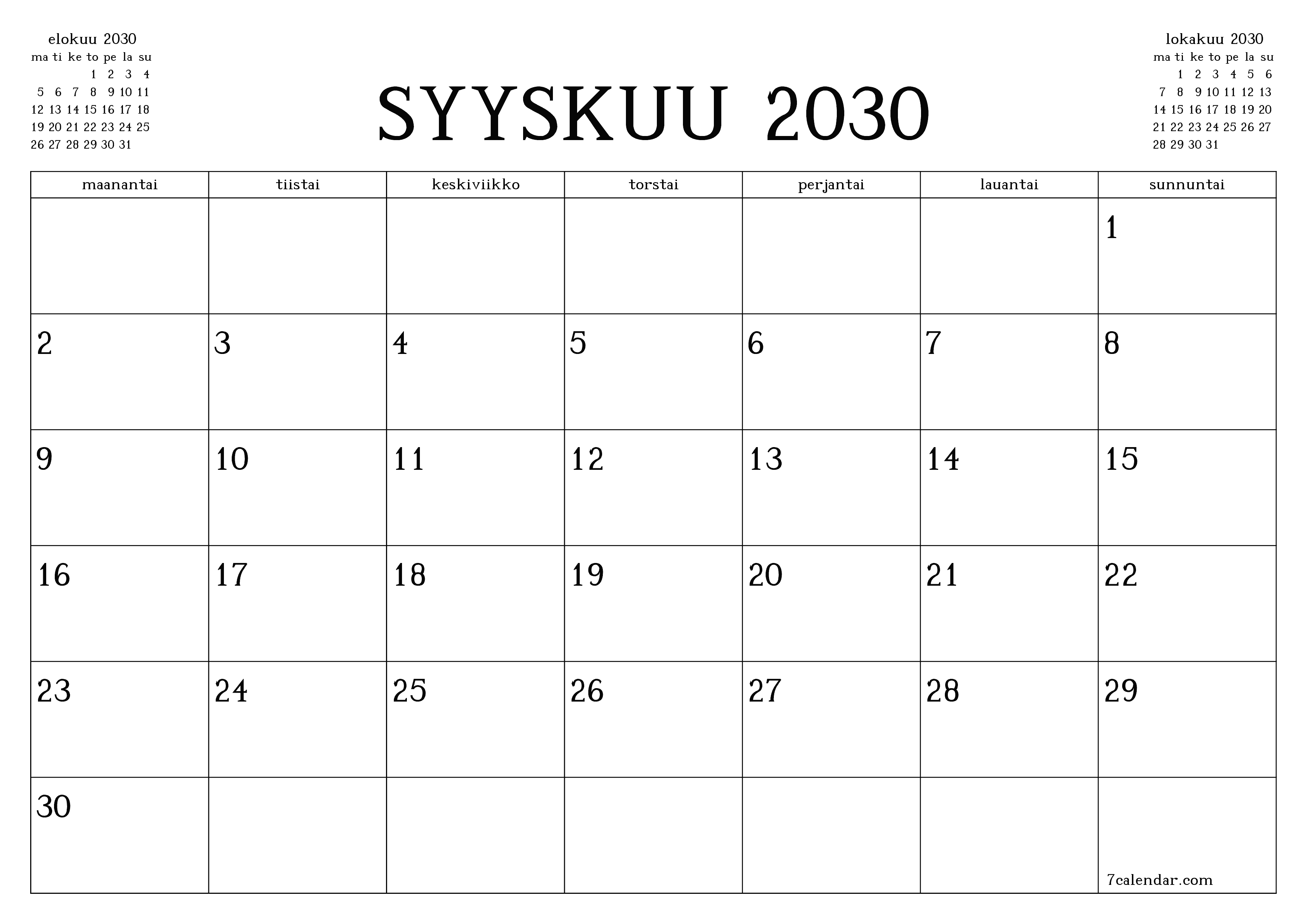Tyhjennä kuukausittainen suunnittelija kuukaudelle Syyskuu 2030 muistiinpanoilla, tallenna ja tulosta PDF-muotoon PNG Finnish