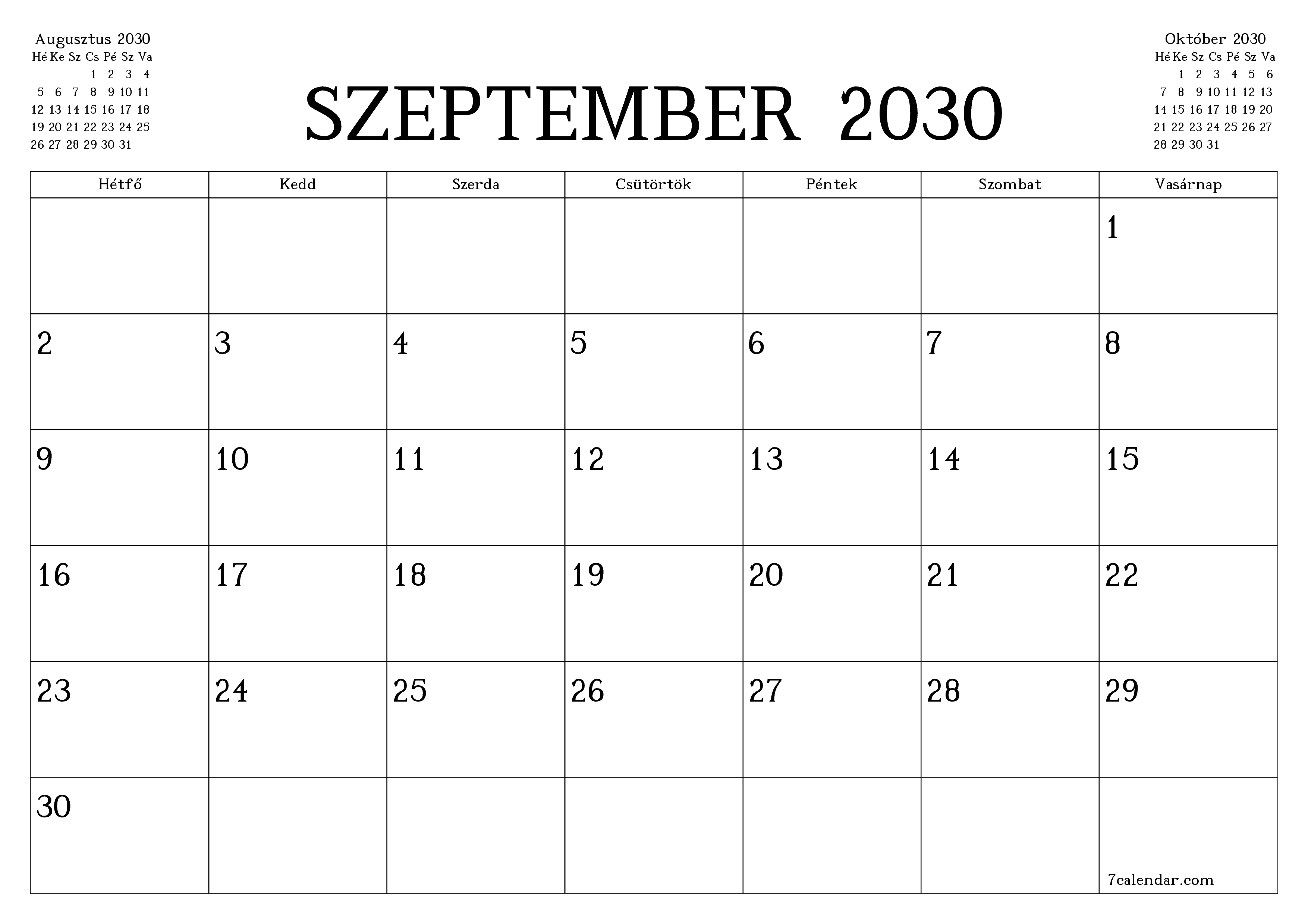 Üres havi tervező a Szeptember 2030 hónapra jegyzetekkel, mentés és nyomtatás PDF-be PNG Hungarian