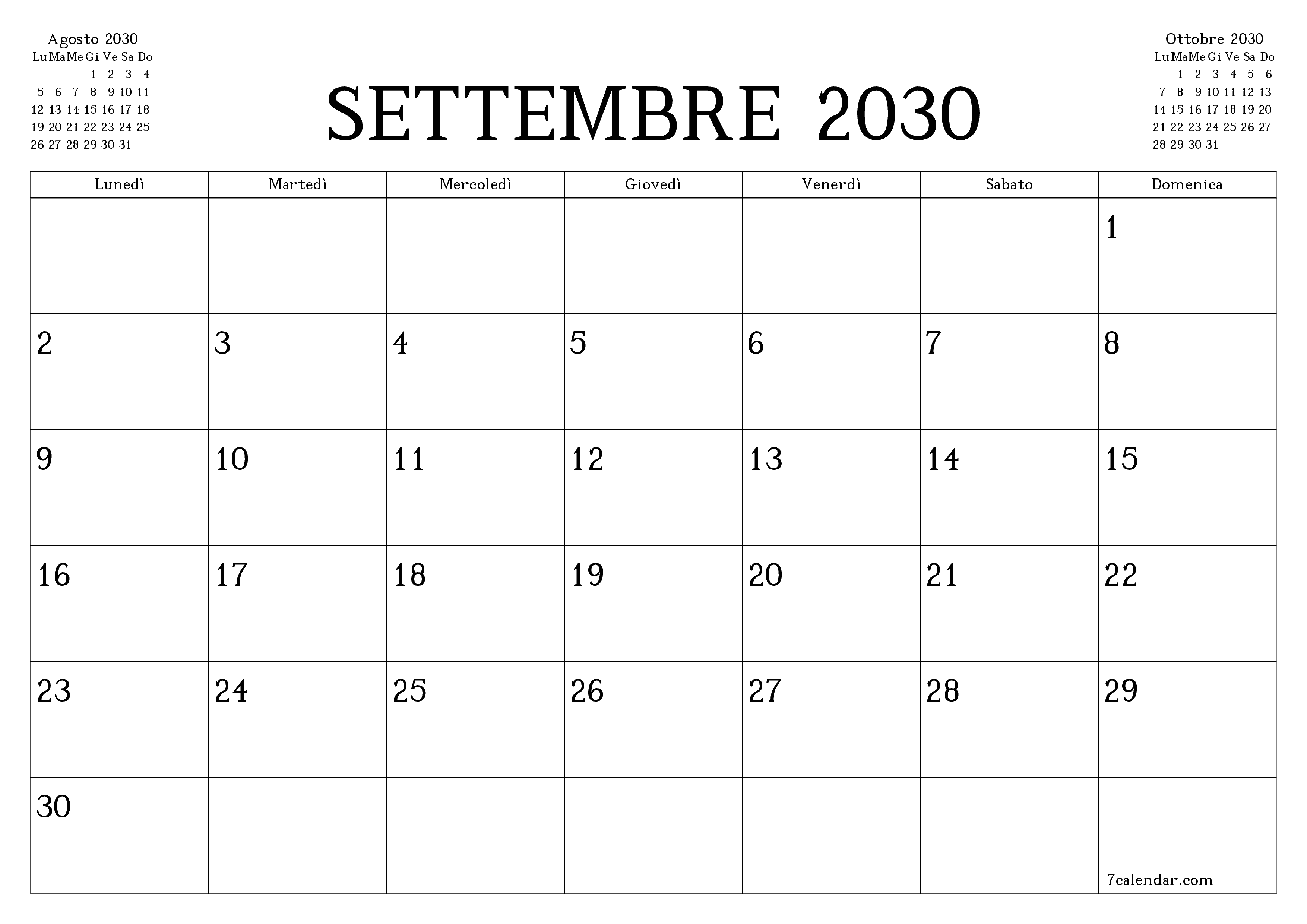 Pianificatore mensile vuoto per il mese Settembre 2030 con note, salva e stampa in PDF PNG Italian