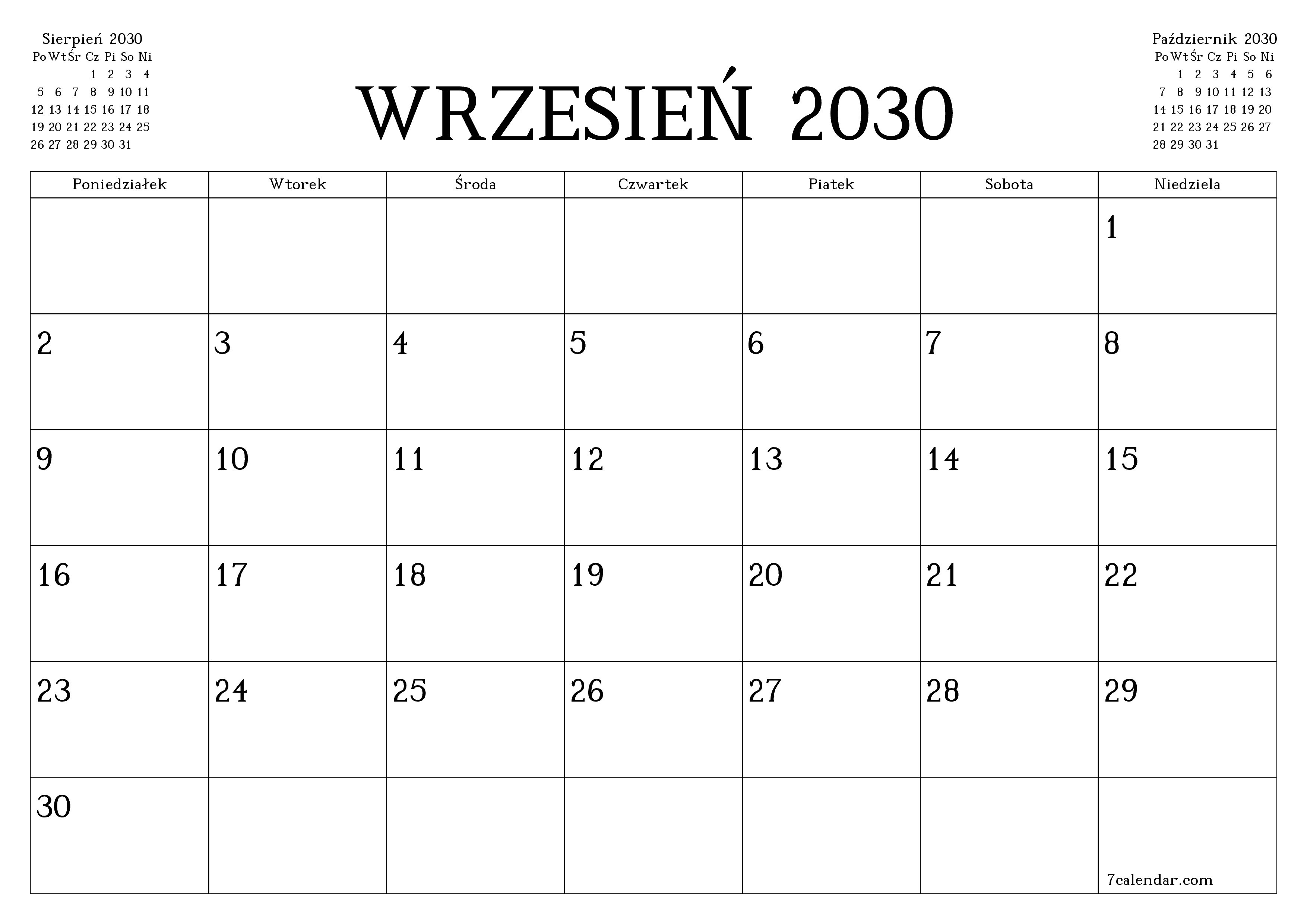 Opróżnij miesięczny planer na miesiąc Wrzesień 2030 z notatkami, zapisz i wydrukuj w formacie PDF PNG Polish