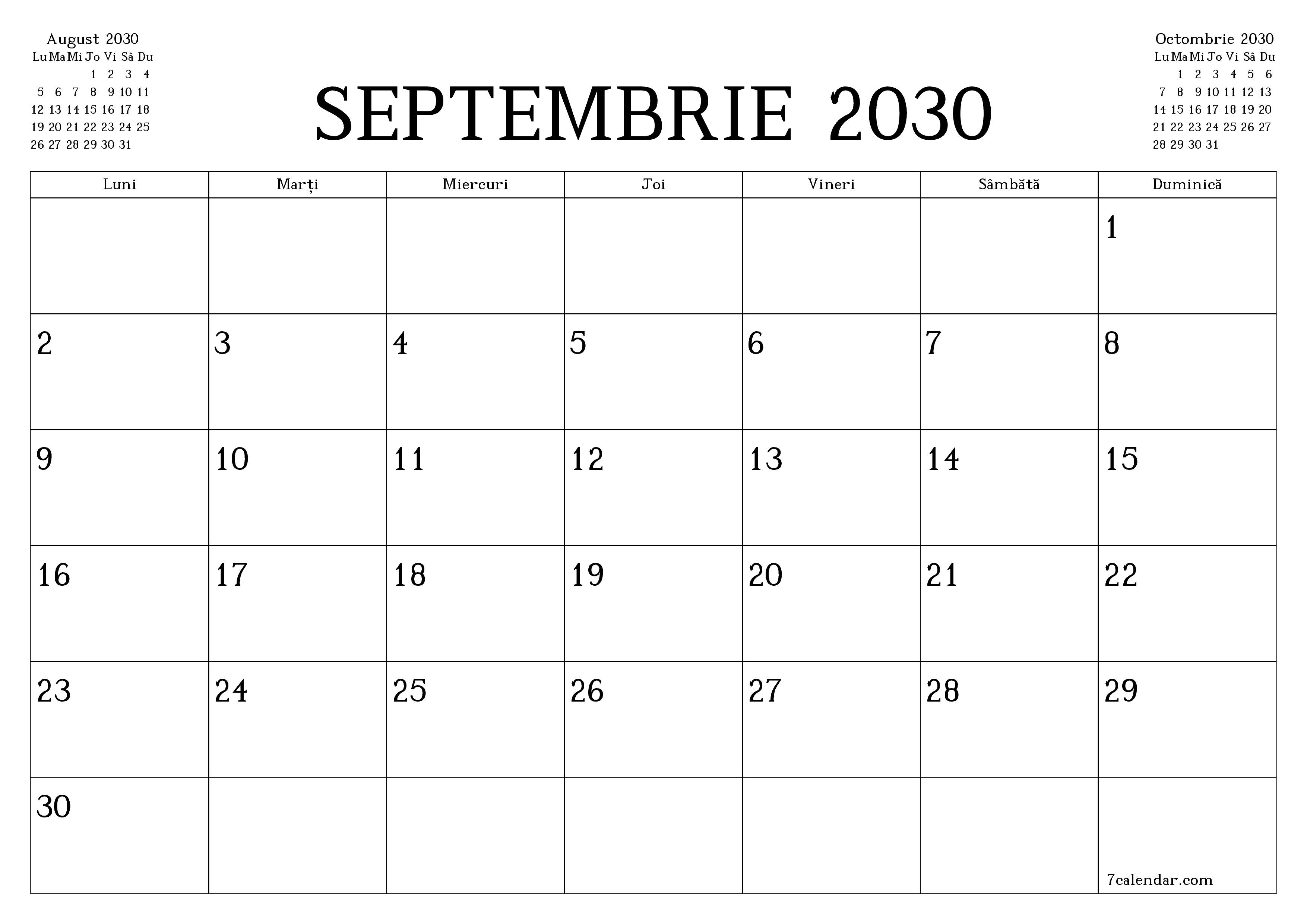 Planificator lunar gol pentru luna Septembrie 2030 cu note, salvați și tipăriți în PDF PNG Romanian