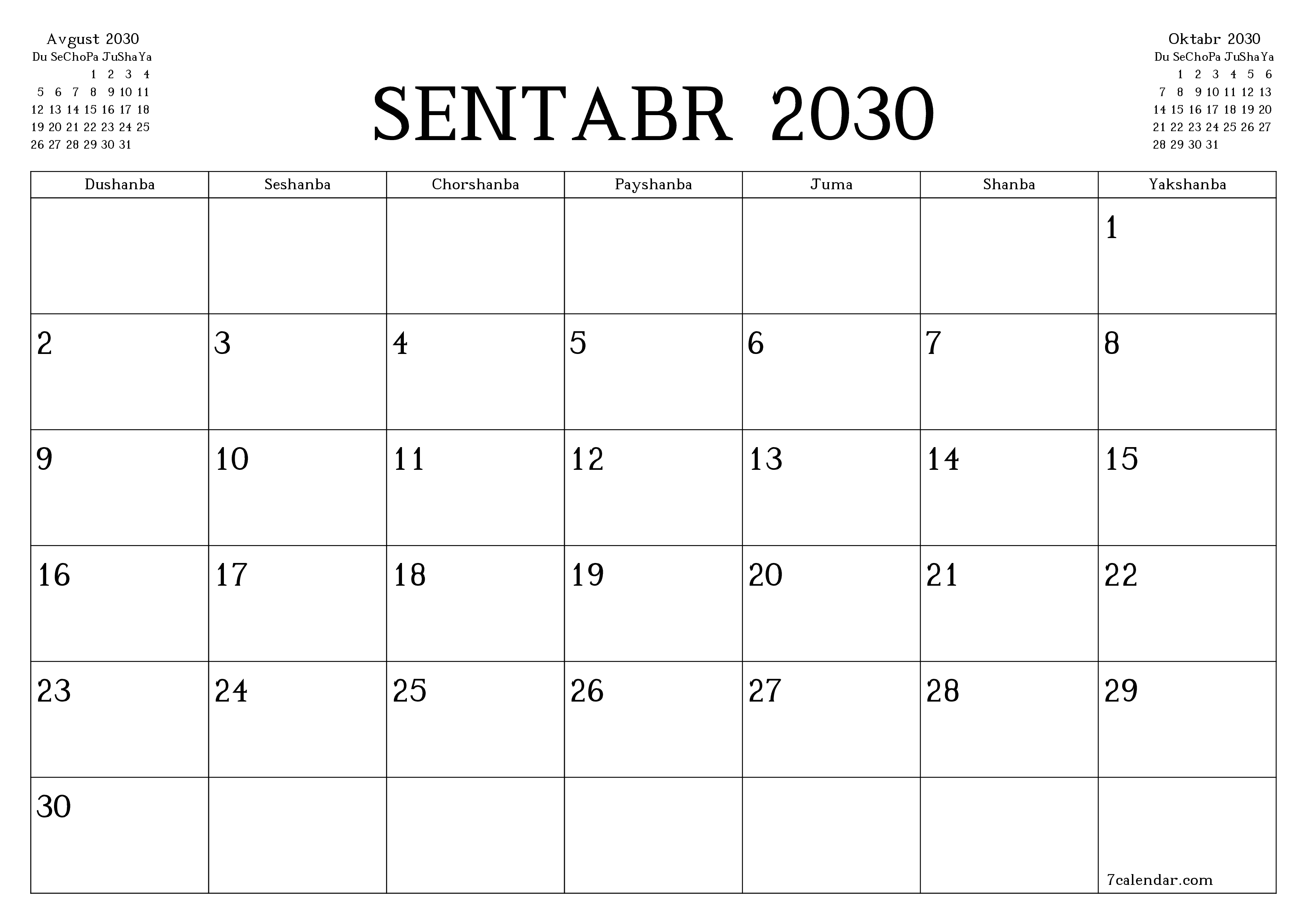 Sentabr 2030 oylik oylik rejalashtiruvchini yozuvlar bilan bo'shatish, saqlash va PDF-ga chop etish PNG Uzbek