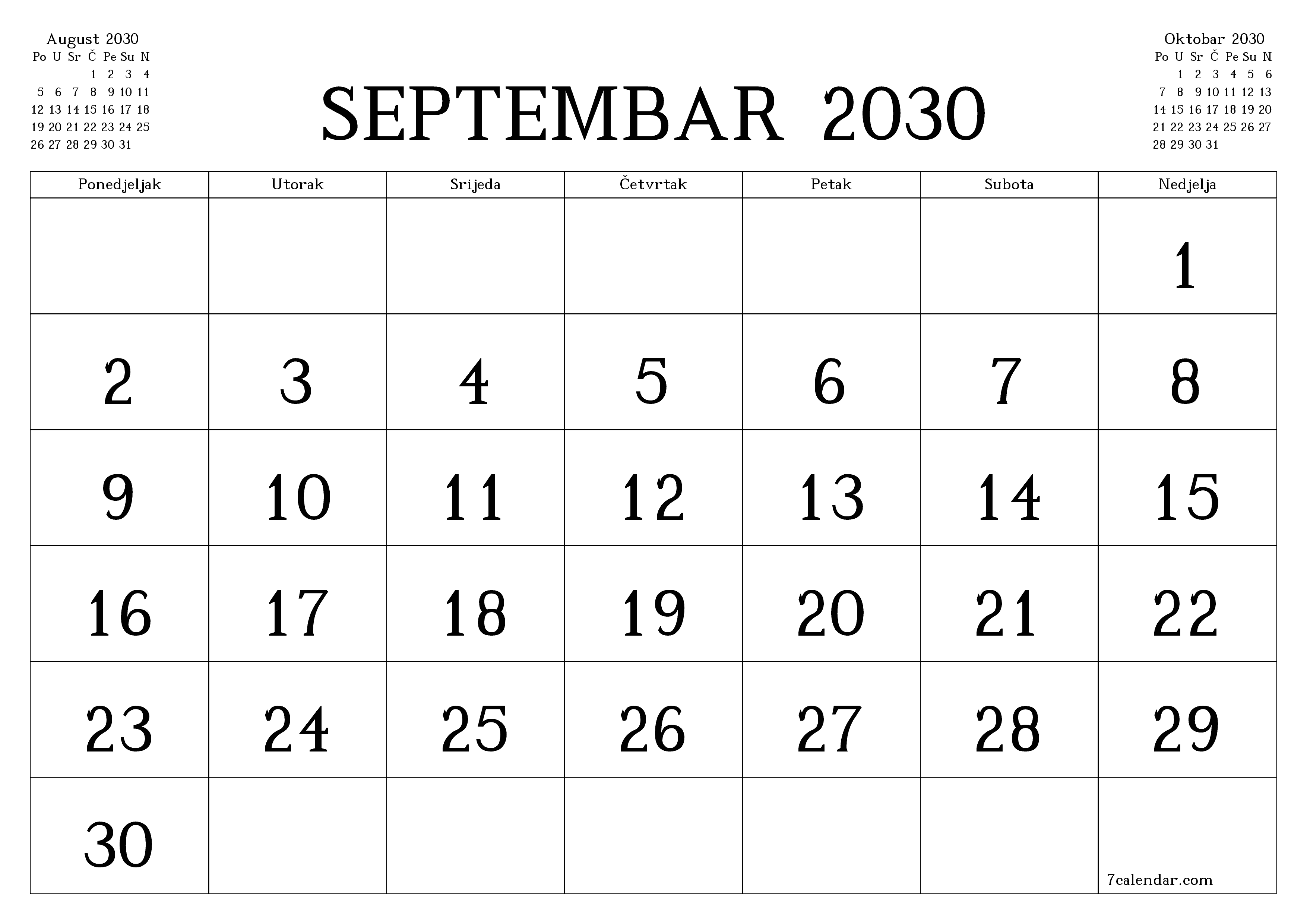 Ispraznite mjesečni planer za mjesec Septembar 2030 s bilješkama, spremite i ispišite u PDF PNG Bosnian