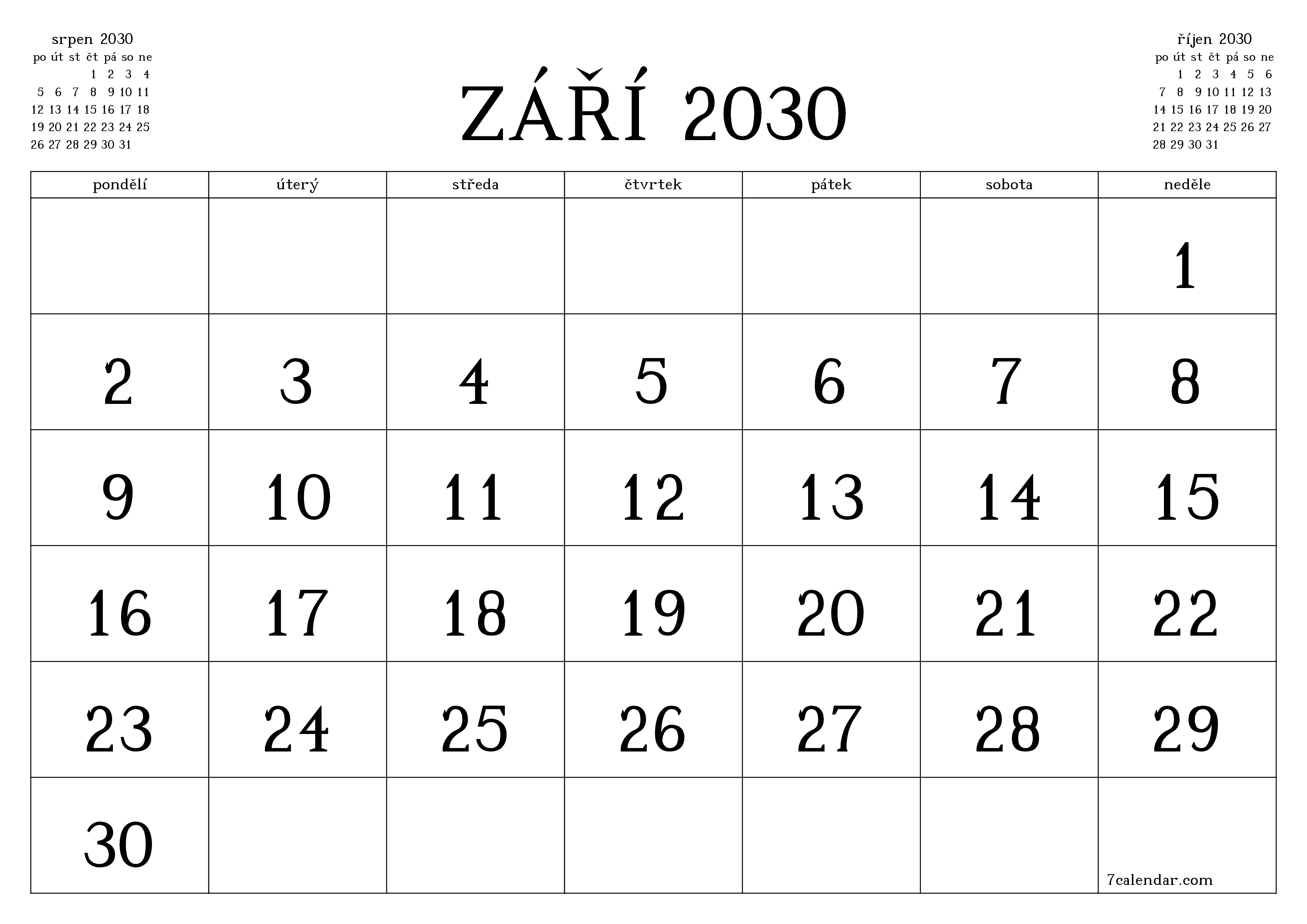Vyprázdnit měsíční plánovač na měsíc září 2030 s poznámkami, uložit a vytisknout do PDF PNG Czech