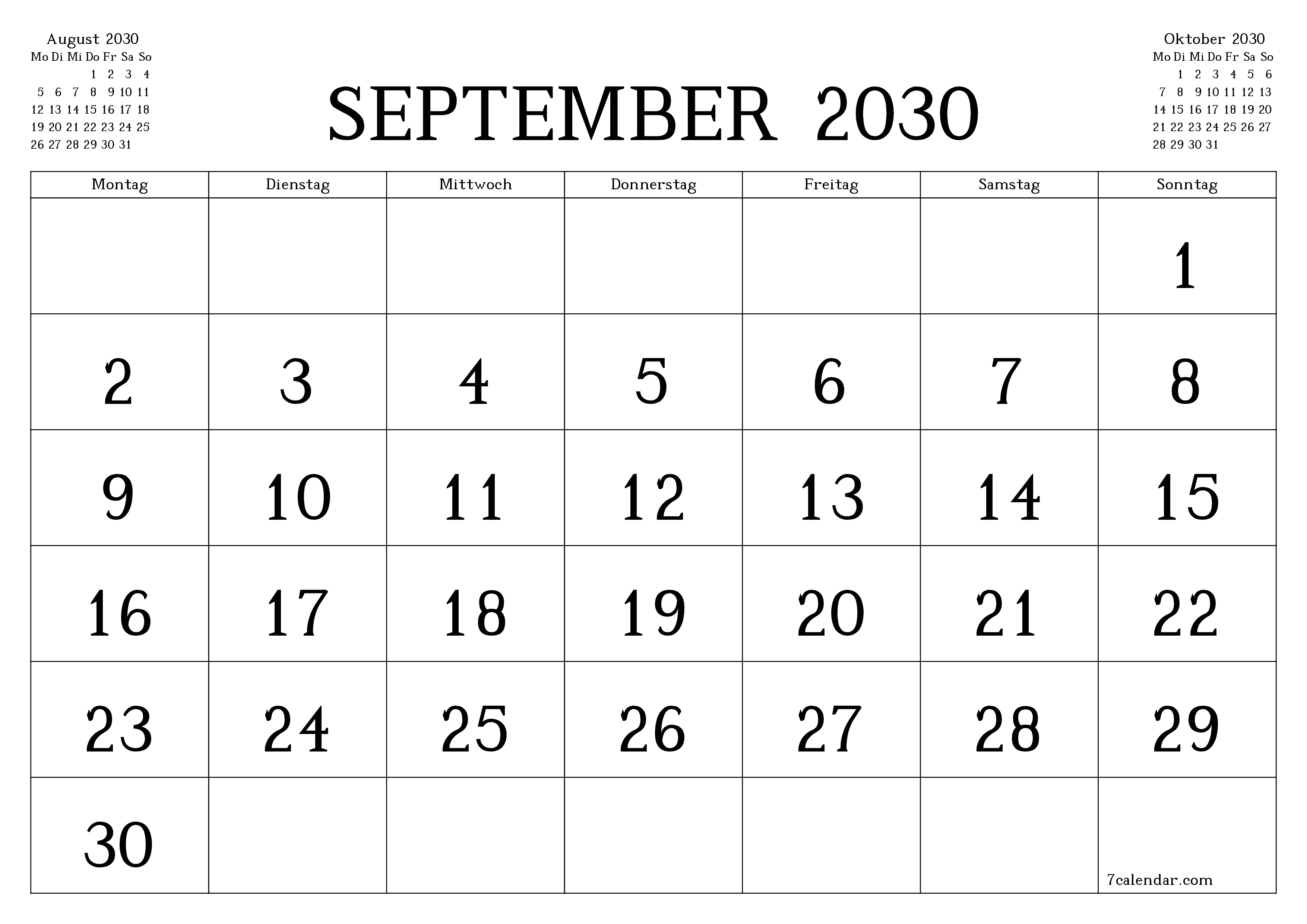 Monatsplaner für Monat September 2030 mit Notizen leeren, speichern und als PDF PNG German - 7calendar.com drucken