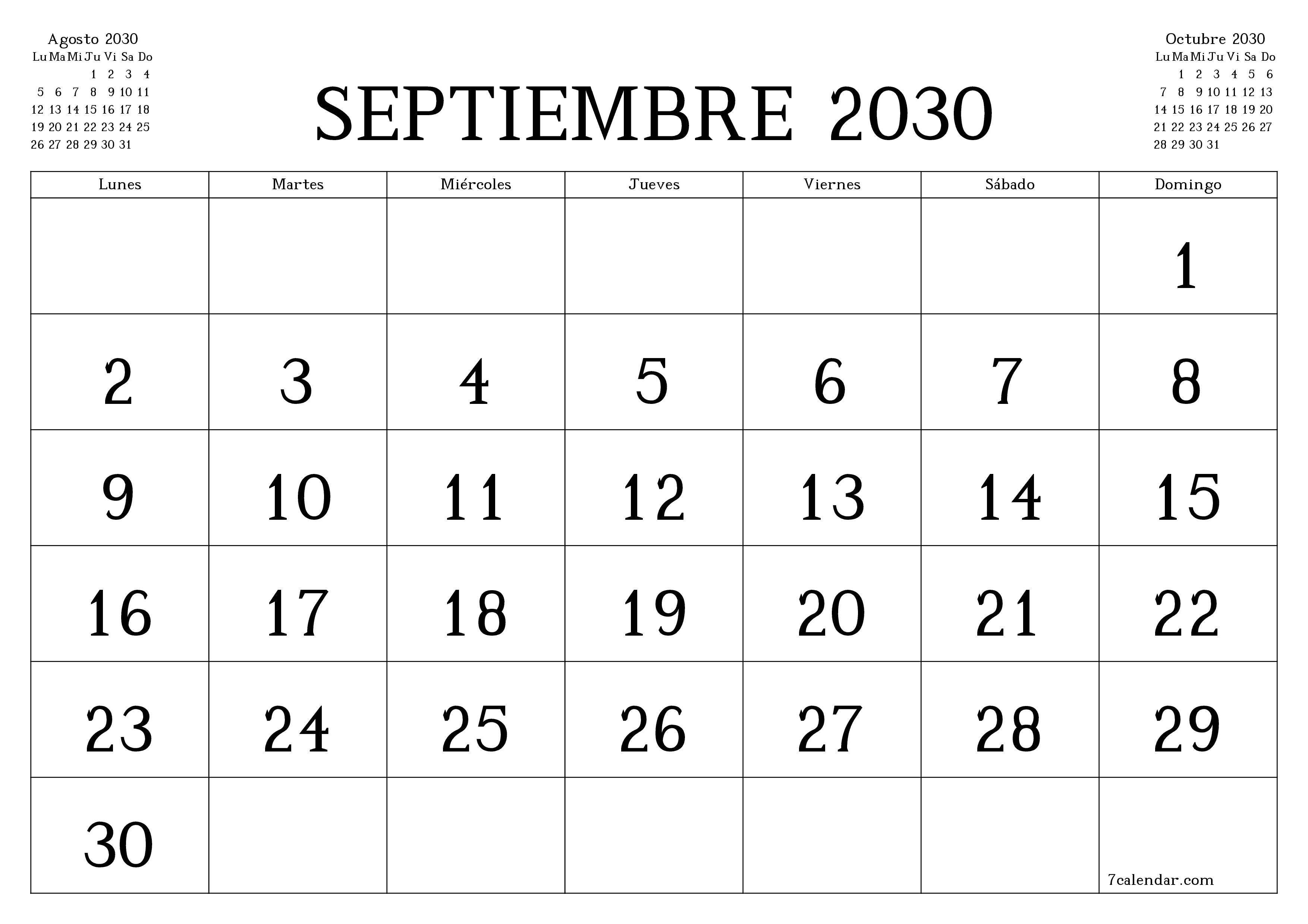 Planificador mensual vacío para el mes Septiembre 2030 con notas, guardar e imprimir en PDF PNG Spanish