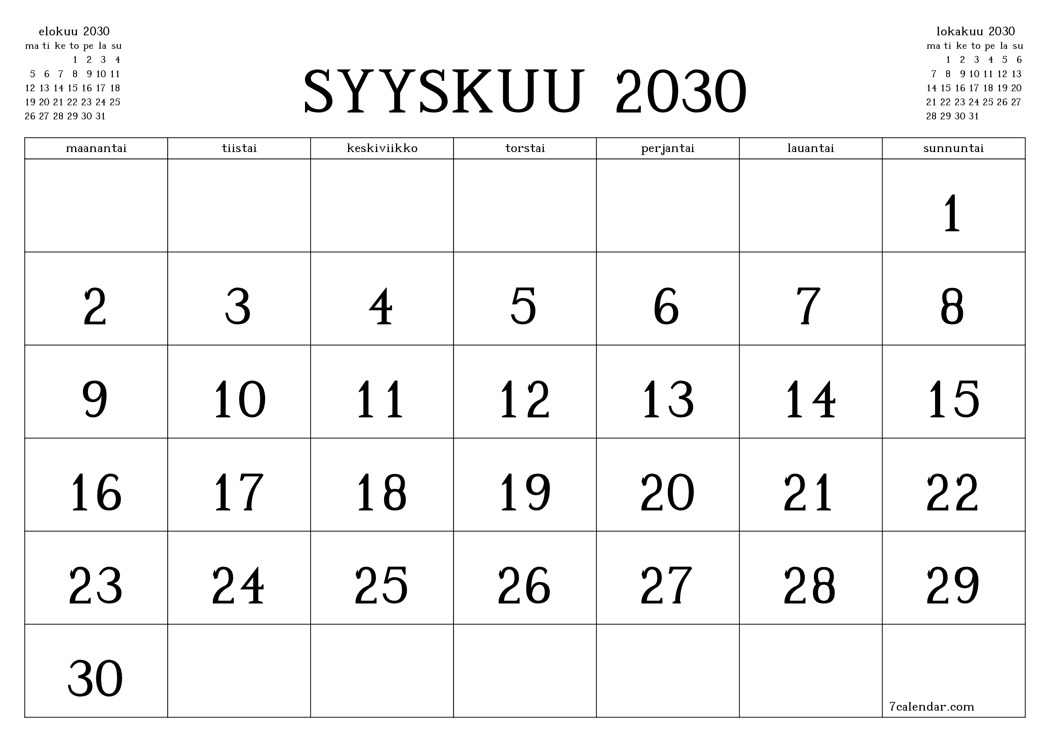 Tyhjennä kuukausittainen suunnittelija kuukaudelle Syyskuu 2030 muistiinpanoilla, tallenna ja tulosta PDF-muotoon PNG Finnish