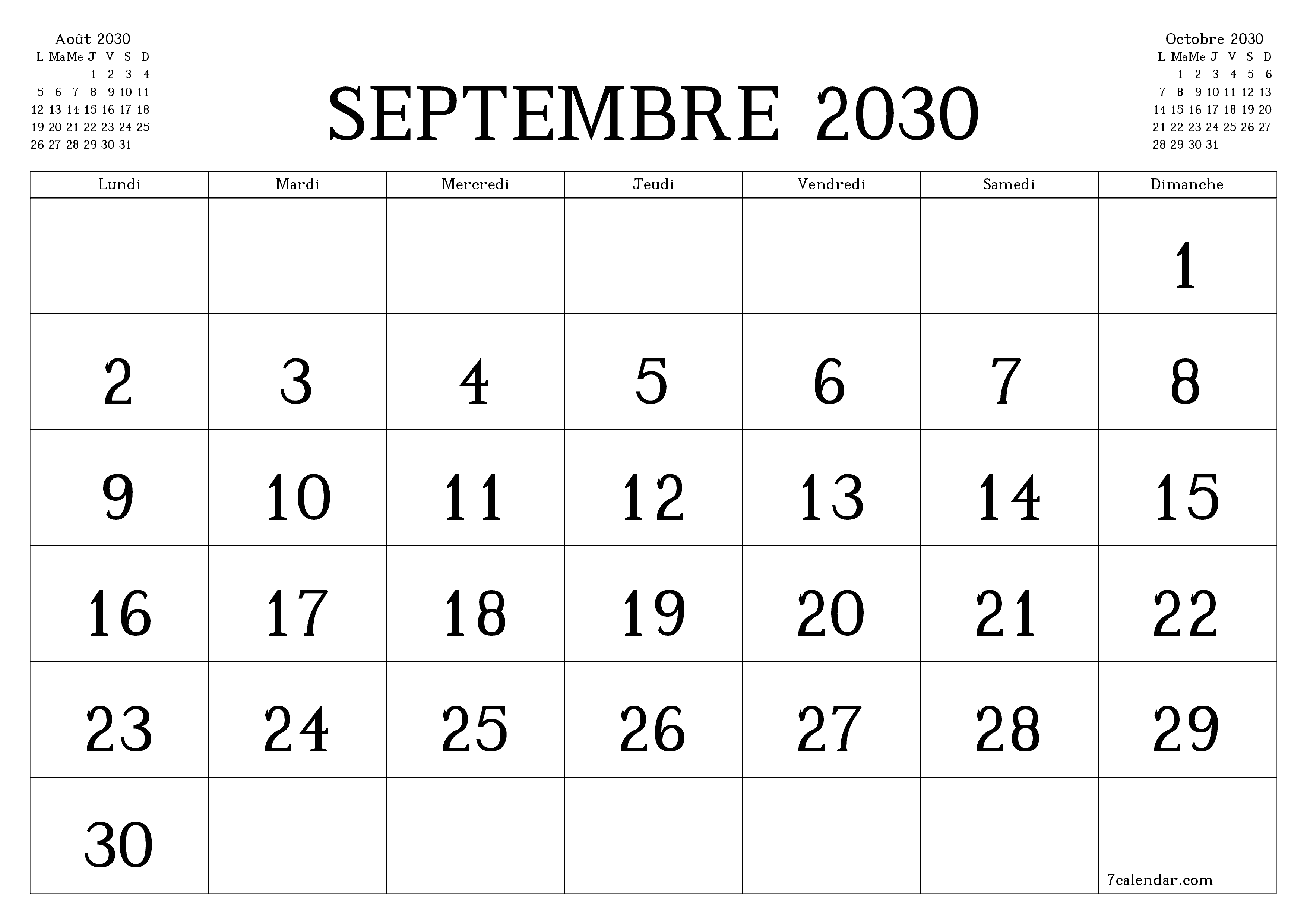 Agenda mensuel vide pour le mois Septembre 2030 avec notes, enregistrez et imprimez au format PDF PNG French
