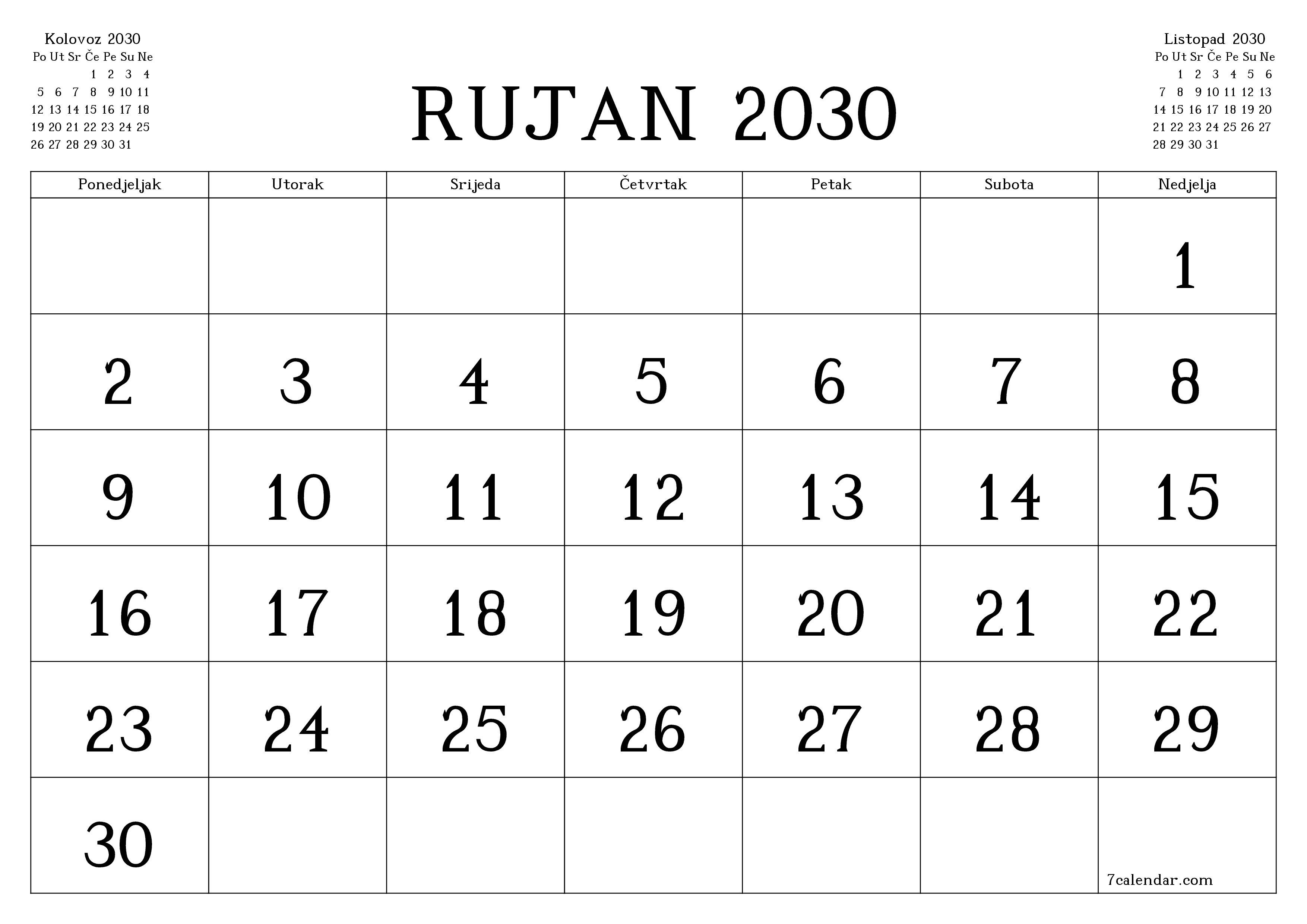Ispraznite mjesečni planer za mjesec Rujan 2030 s bilješkama, spremite i ispišite u PDF PNG Croatian