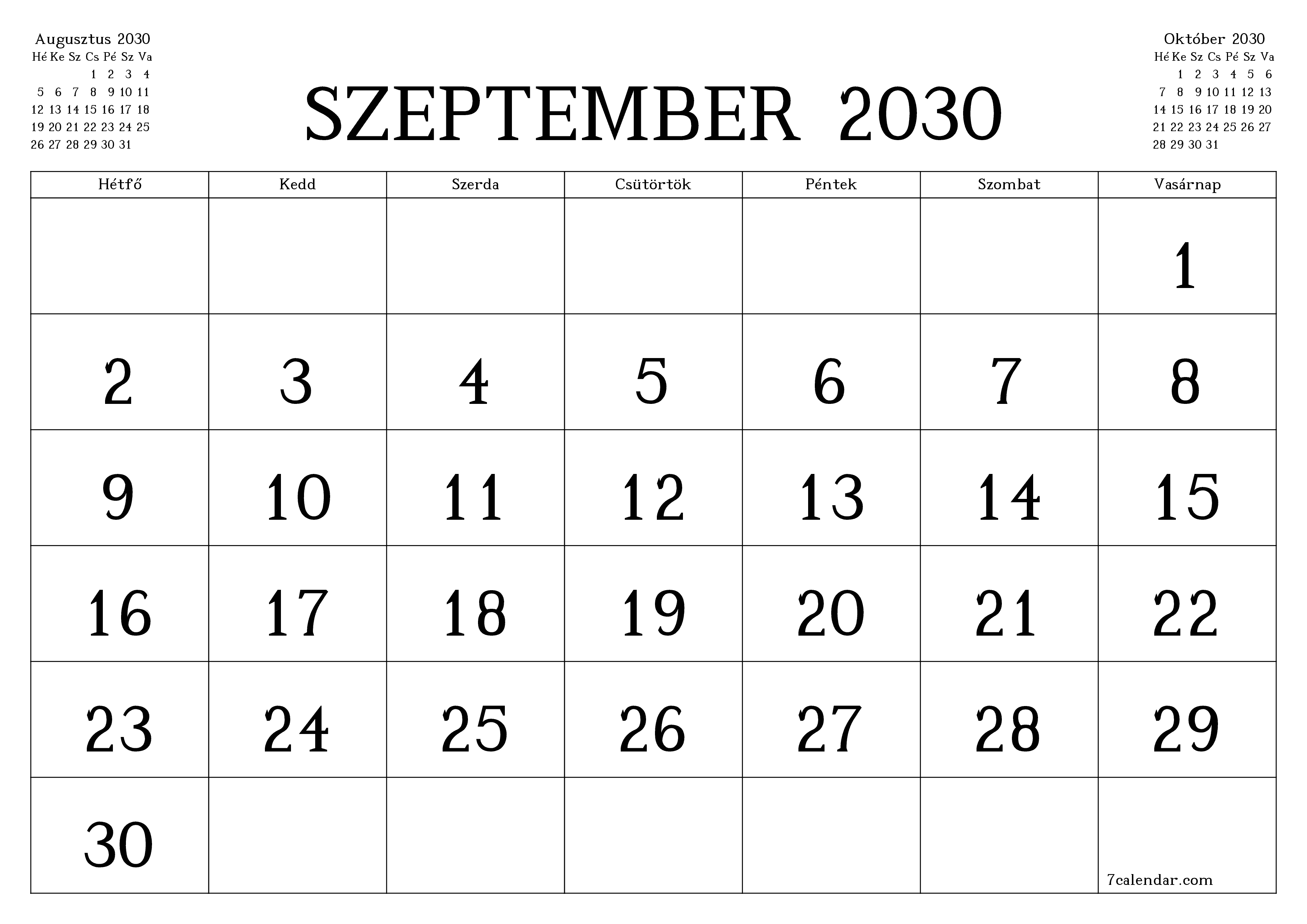 Üres havi tervező a Szeptember 2030 hónapra jegyzetekkel, mentés és nyomtatás PDF-be PNG Hungarian