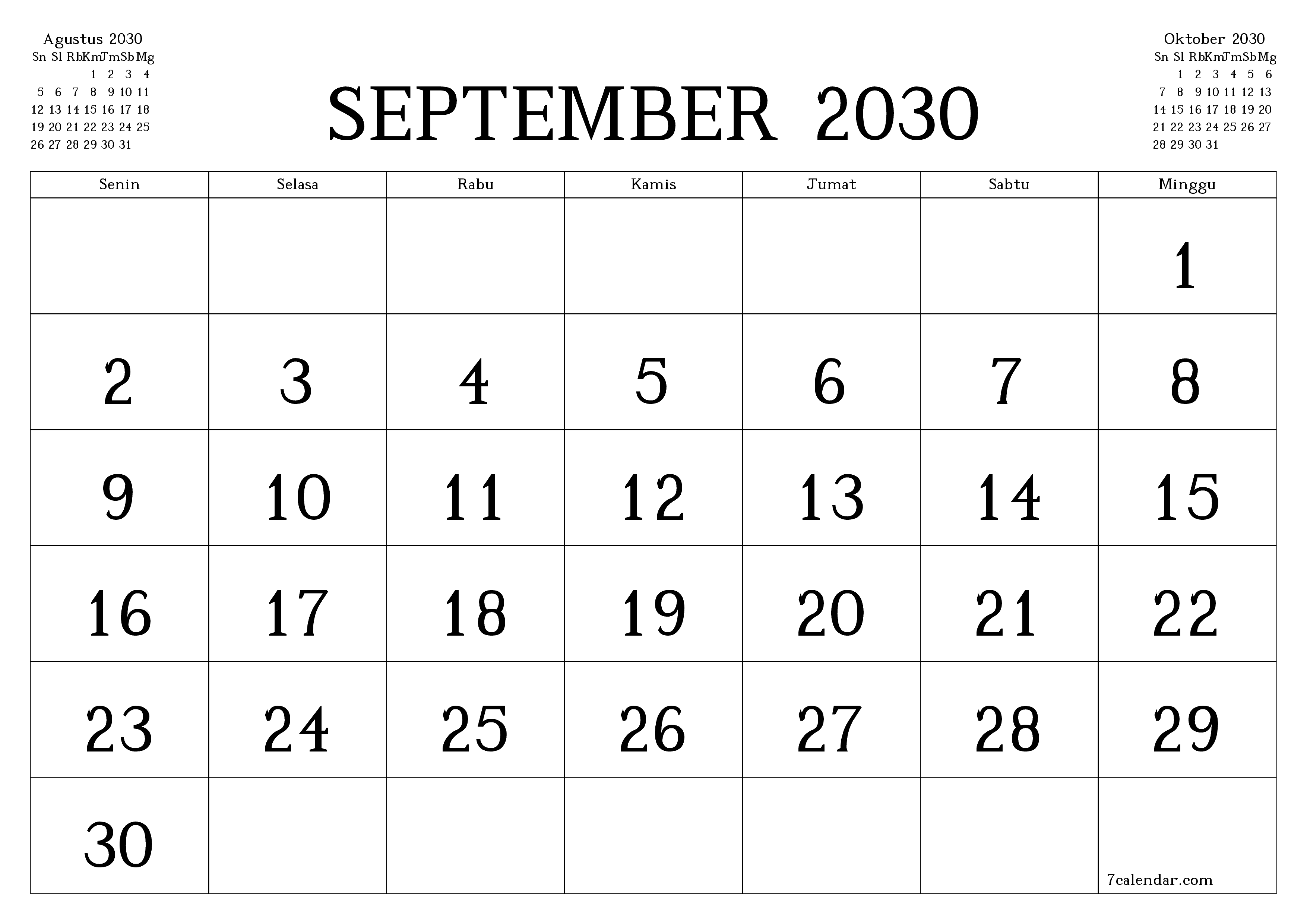 Kosongkan agenda bulanan untuk bulan September 2030 dengan catatan, simpan dan cetak ke PDF PNG Indonesian