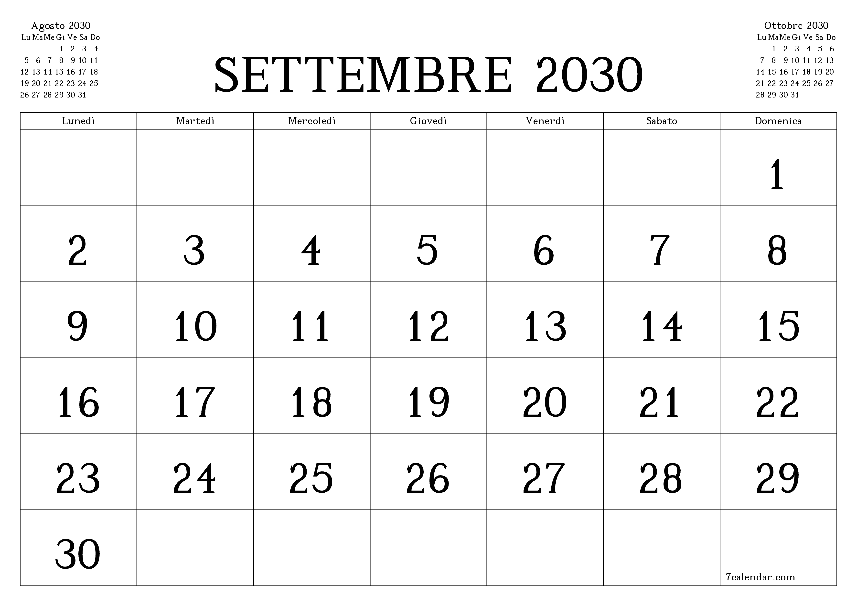 Pianificatore mensile vuoto per il mese Settembre 2030 con note, salva e stampa in PDF PNG Italian