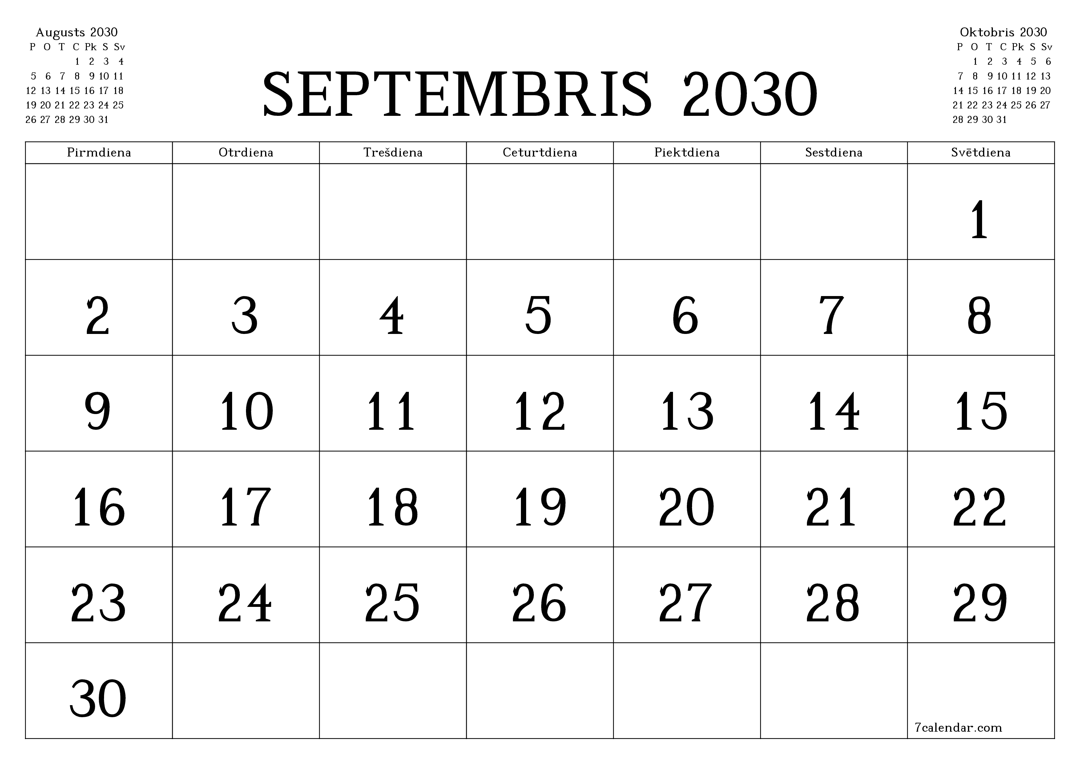 Iztukšot mēneša plānotāju mēnesim Septembris 2030 ar piezīmēm, saglabāt un izdrukāt PDF formātā PNG Latvian