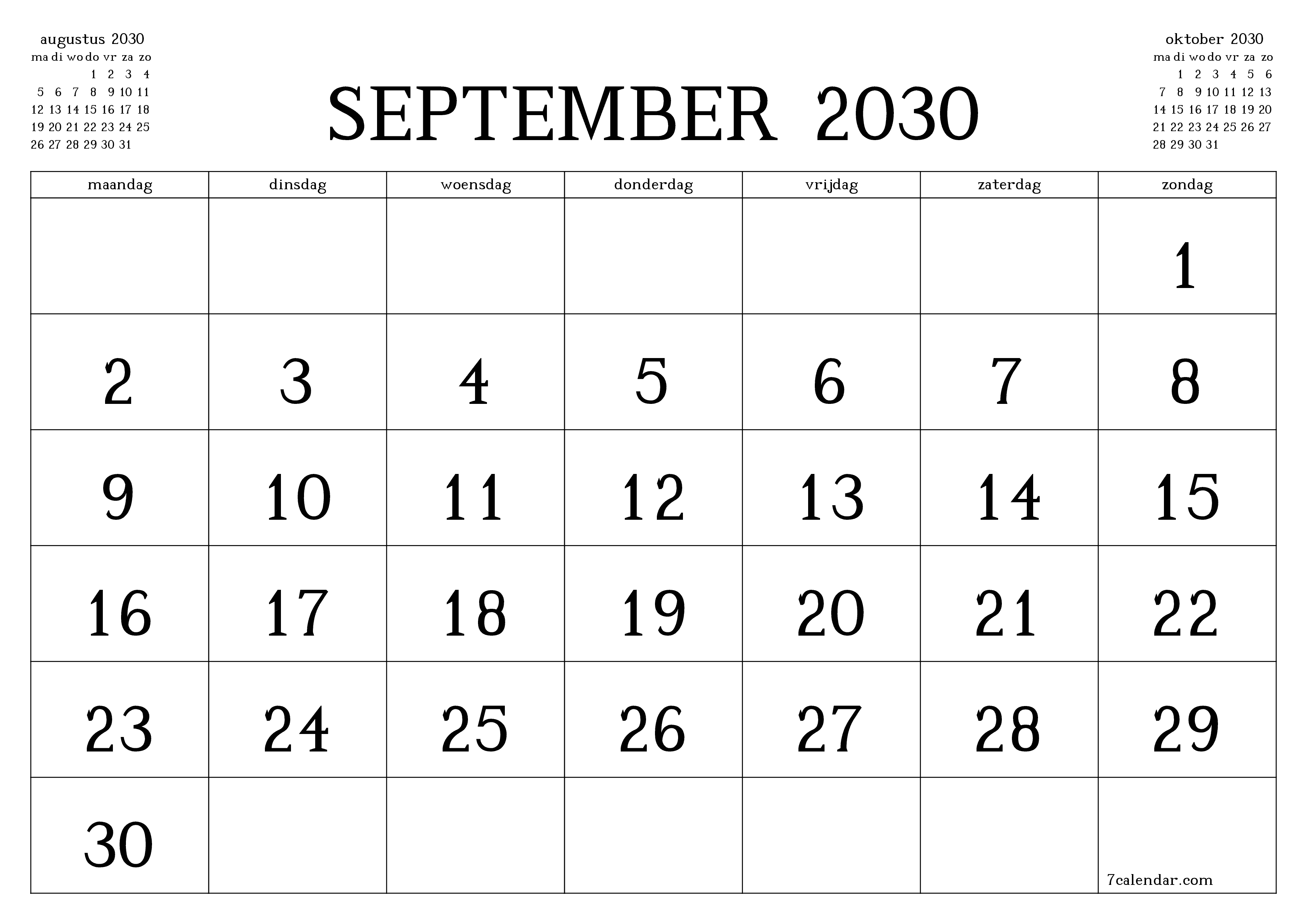 Lege maandplanner voor maand september 2030 met notities, opslaan en afdrukken naar pdf PNG Dutch