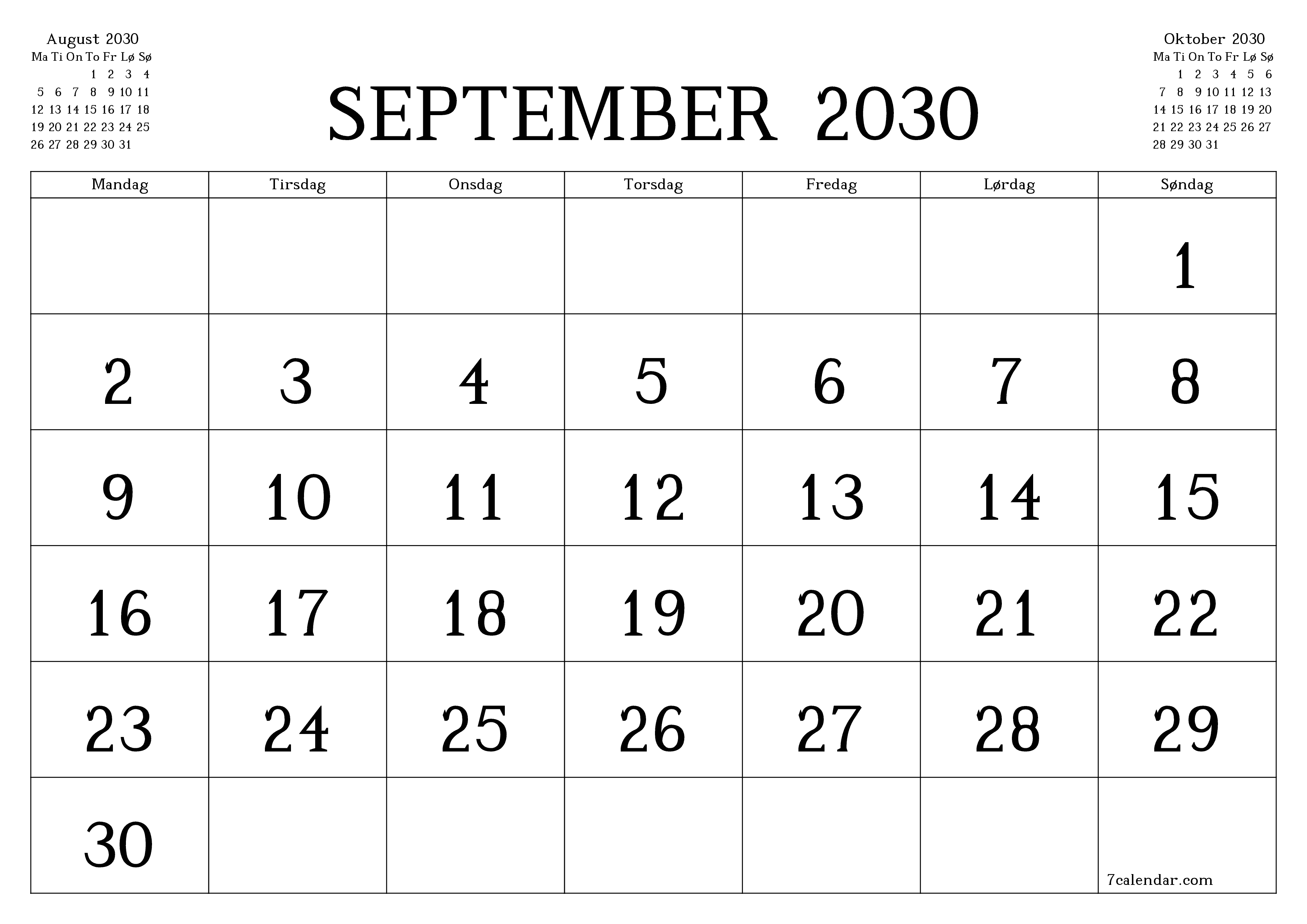 Tom månedlig planlegger for måned September 2030 med notater, lagre og skriv ut til PDF PNG Norwegian