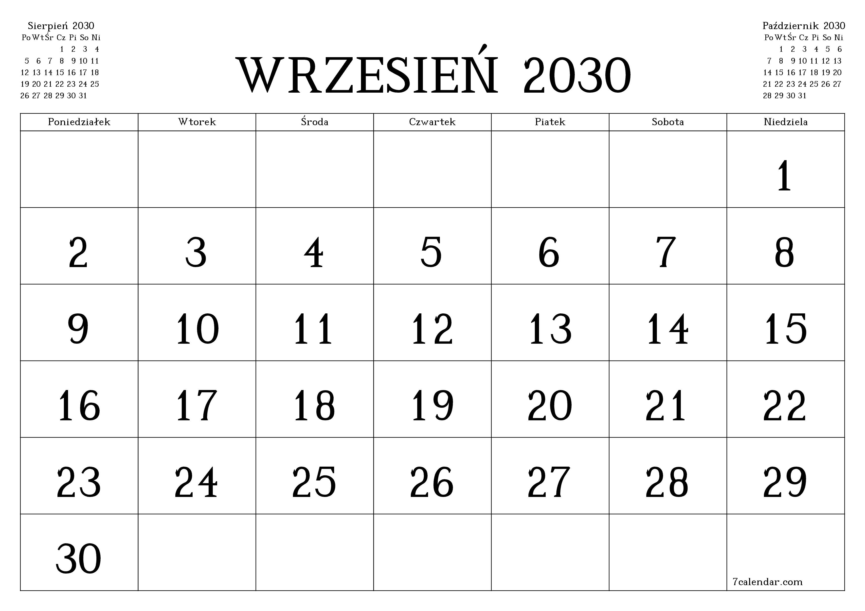 Opróżnij miesięczny planer na miesiąc Wrzesień 2030 z notatkami, zapisz i wydrukuj w formacie PDF PNG Polish