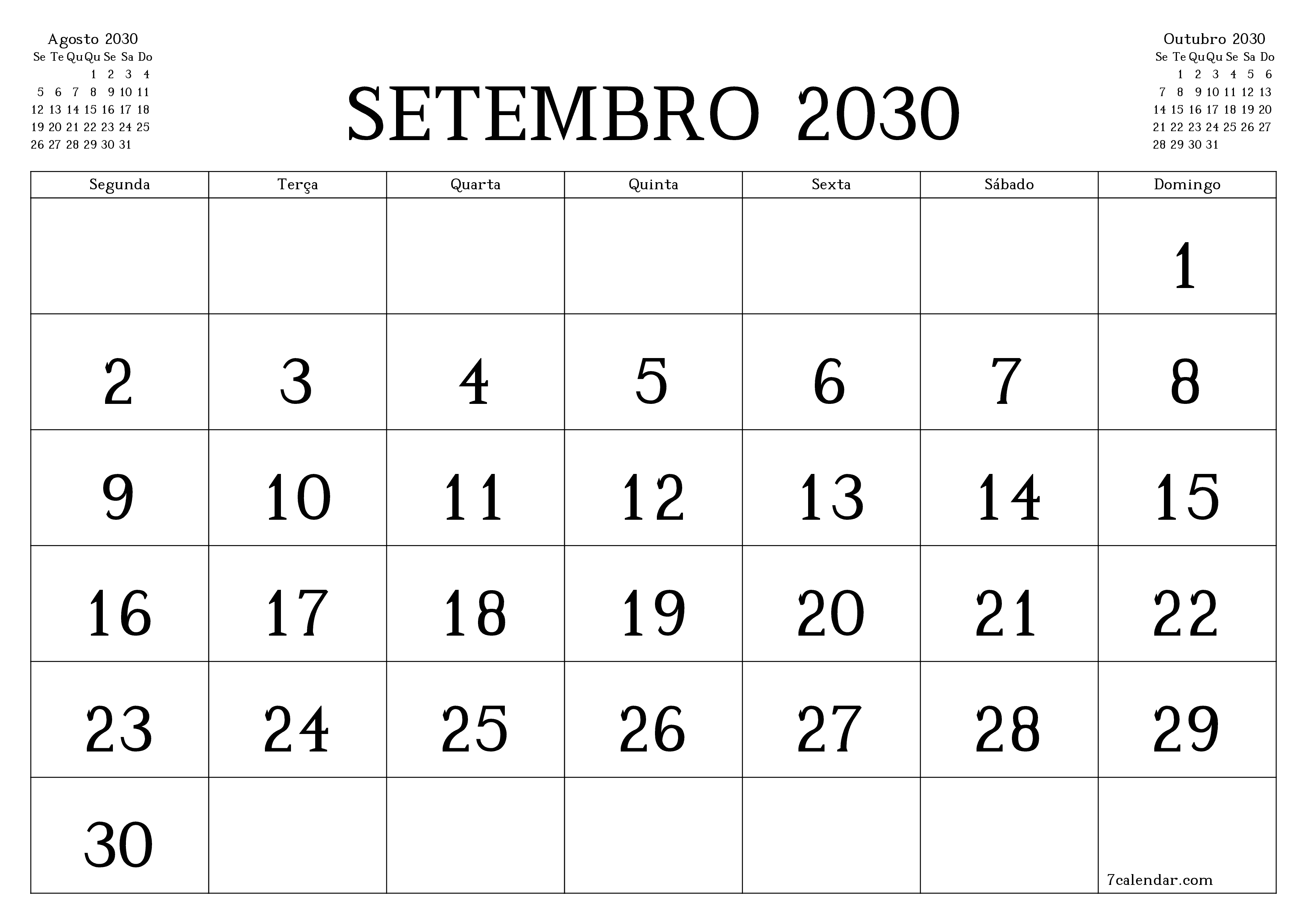 Esvazie o planejador mensal para o mês Setembro 2030 com notas, salve e imprima em PDF PNG Portuguese