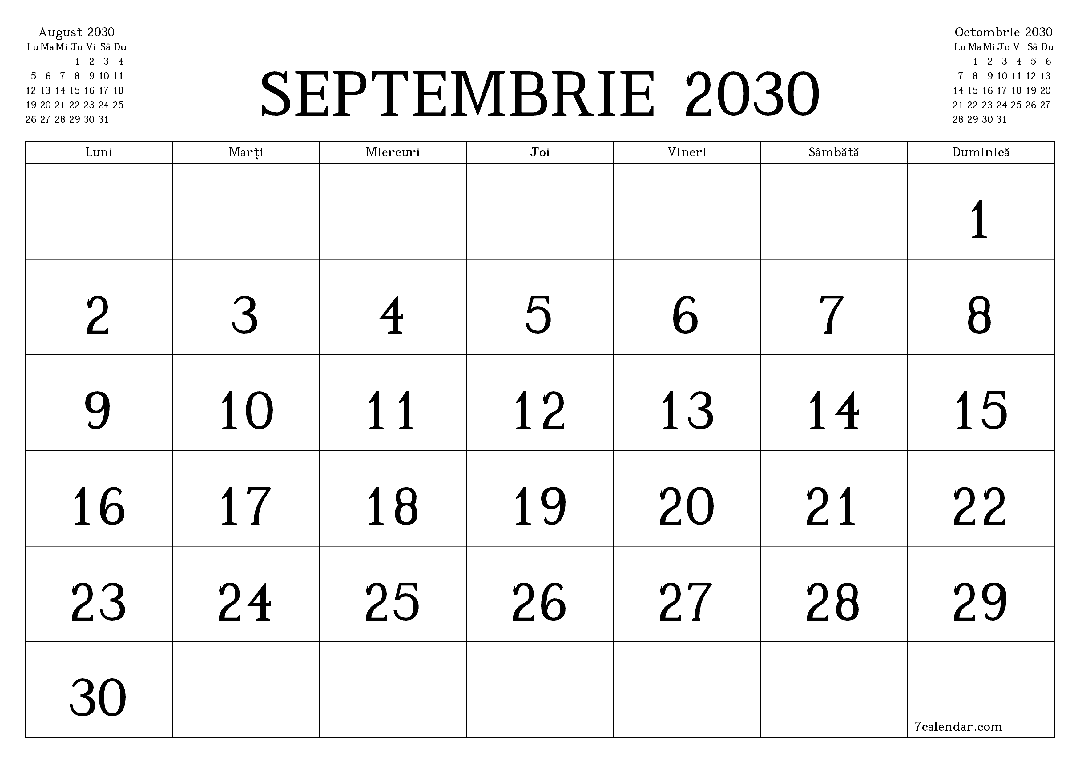 Planificator lunar gol pentru luna Septembrie 2030 cu note, salvați și tipăriți în PDF PNG Romanian