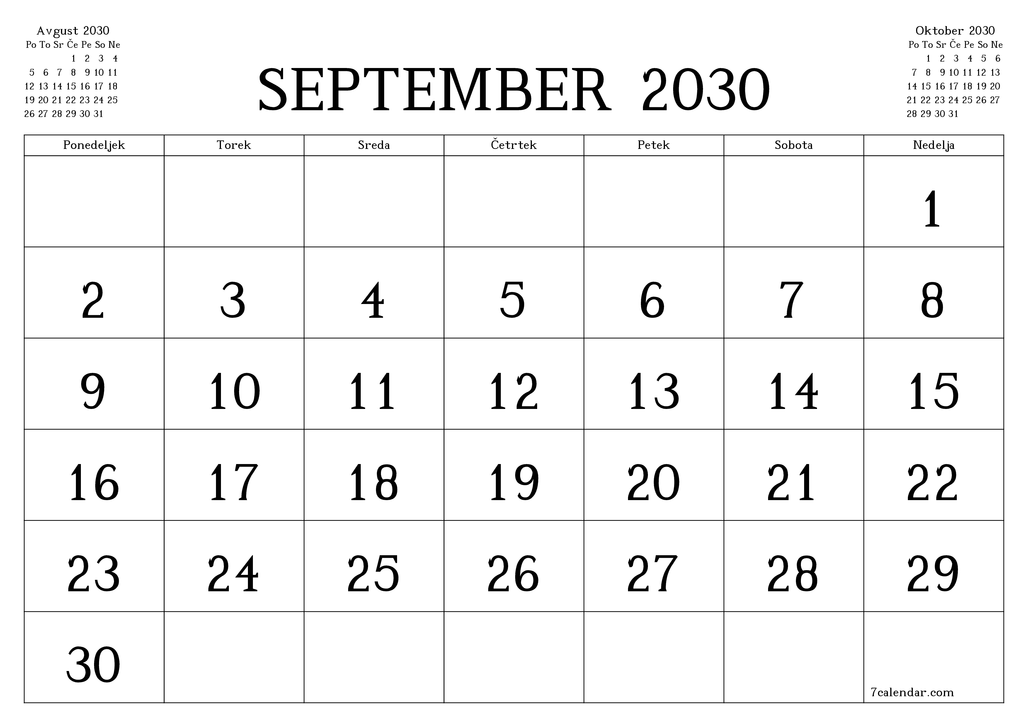 Prazen mesečni načrtovalec koledarja za mesec September 2030 z opombami, natisnjenimi v PDF PNG Slovenian