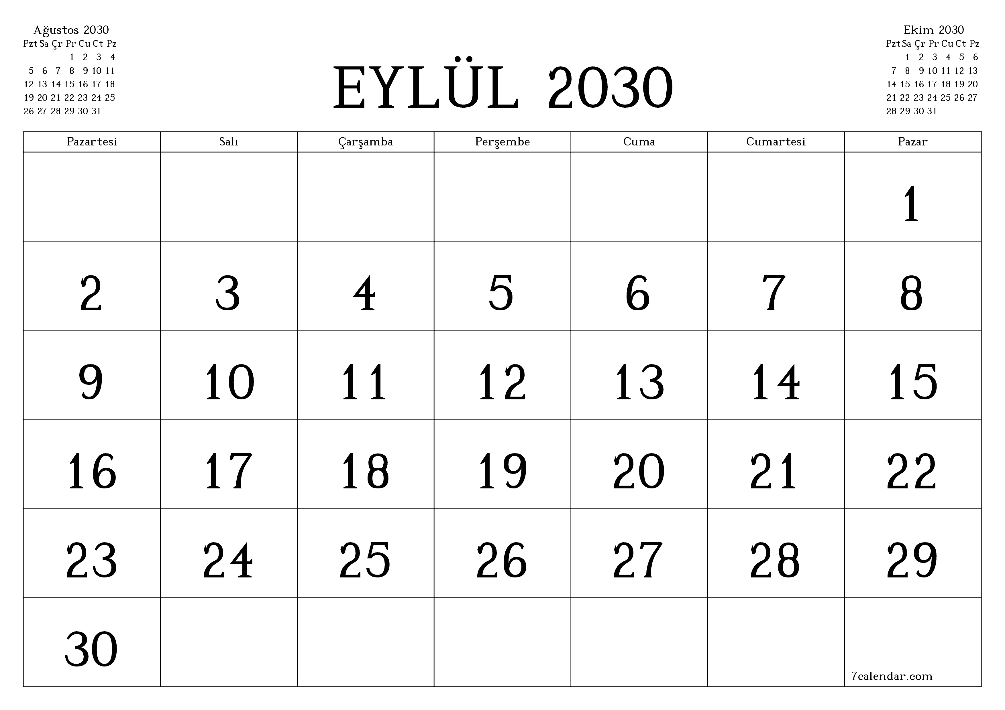 Eylül 2030 ayı için notlarla birlikte boş aylık planlayıcı, kaydedin ve PDF'ye yazdırın PNG Turkish