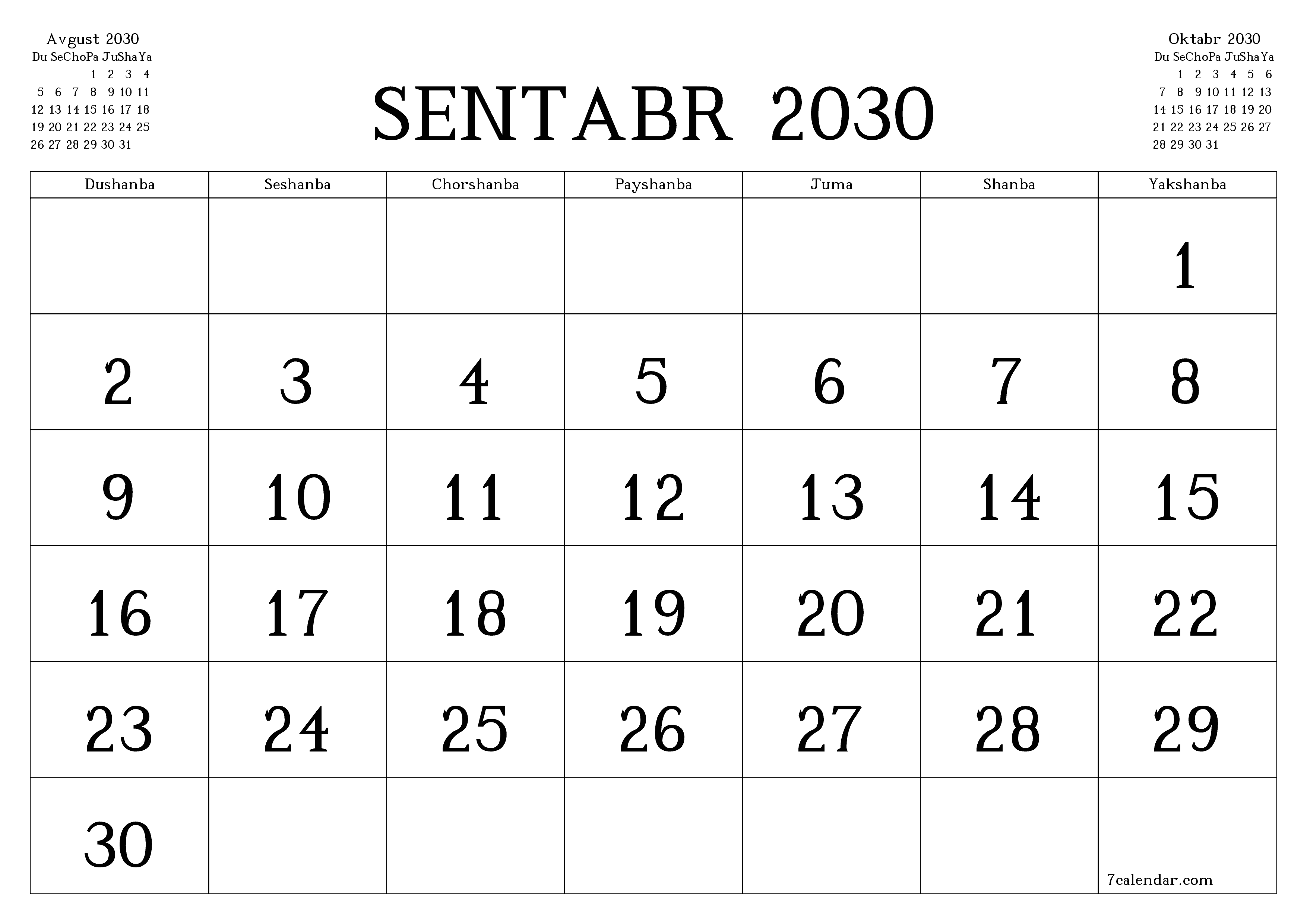 Sentabr 2030 oylik oylik rejalashtiruvchini yozuvlar bilan bo'shatish, saqlash va PDF-ga chop etish PNG Uzbek