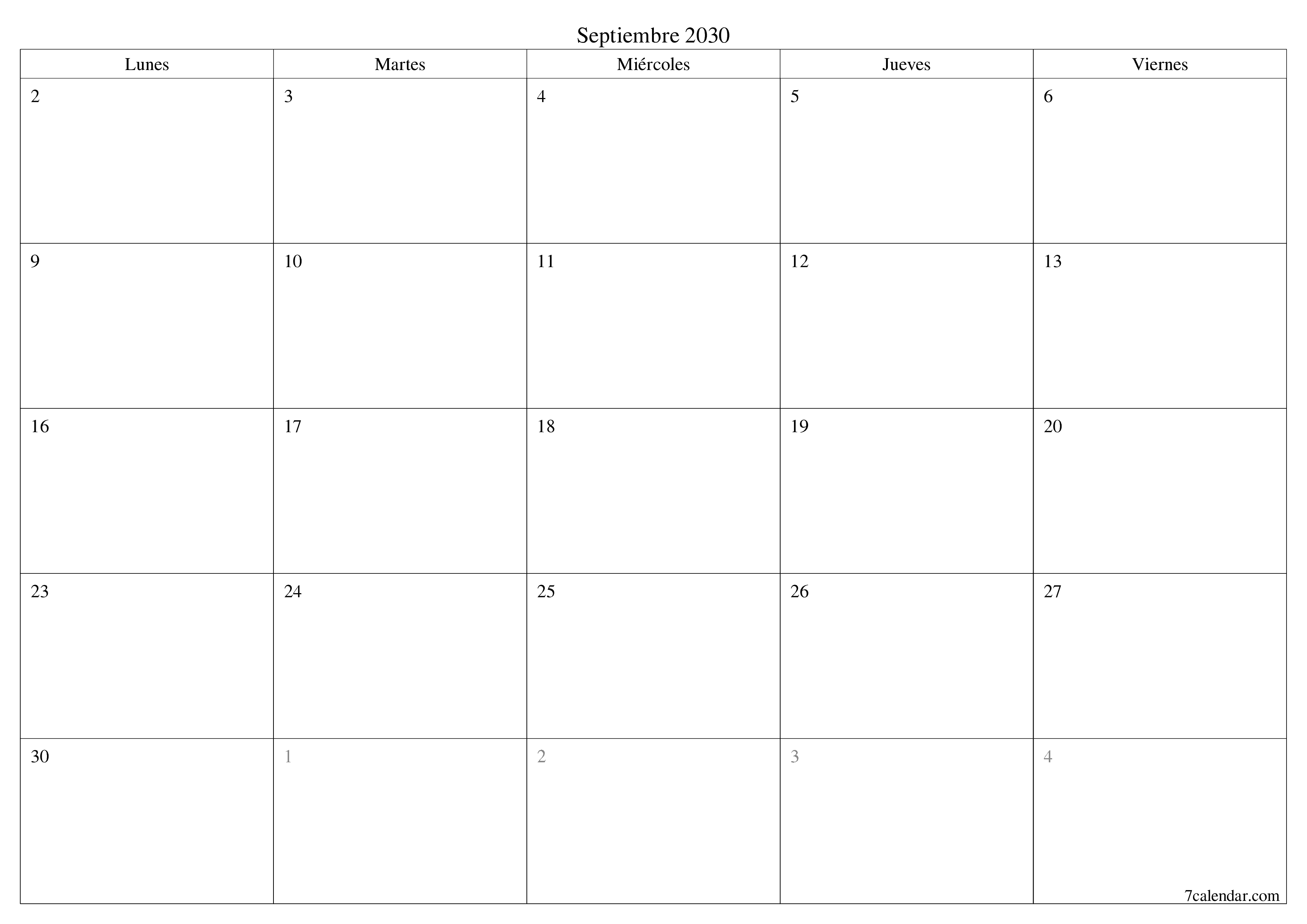 Planificador mensual vacío para el mes Septiembre 2030 con notas, guardar e imprimir en PDF PNG Spanish